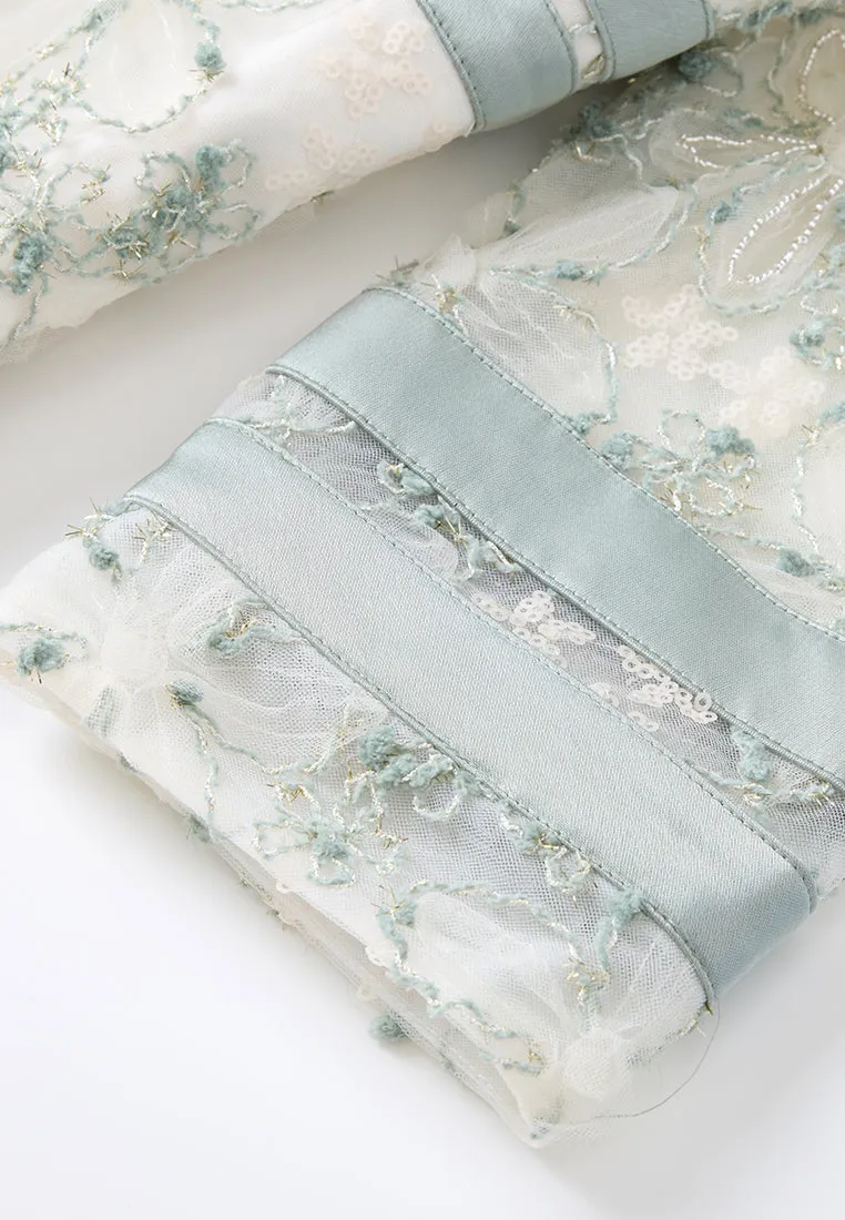 Stand-collar Stripe-detail Embroidery-detail Mesh Dress NonSlipGrip