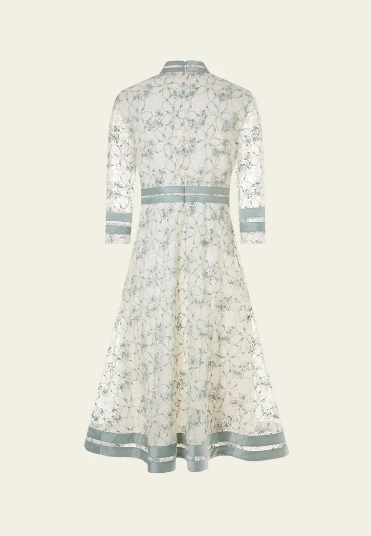 Sun Protection Fabric Stand-collar Stripe-detail Embroidery-detail Mesh Dress