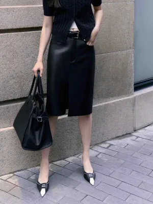 PU Leather Slit Skirt Subtle Finish Fresh Style