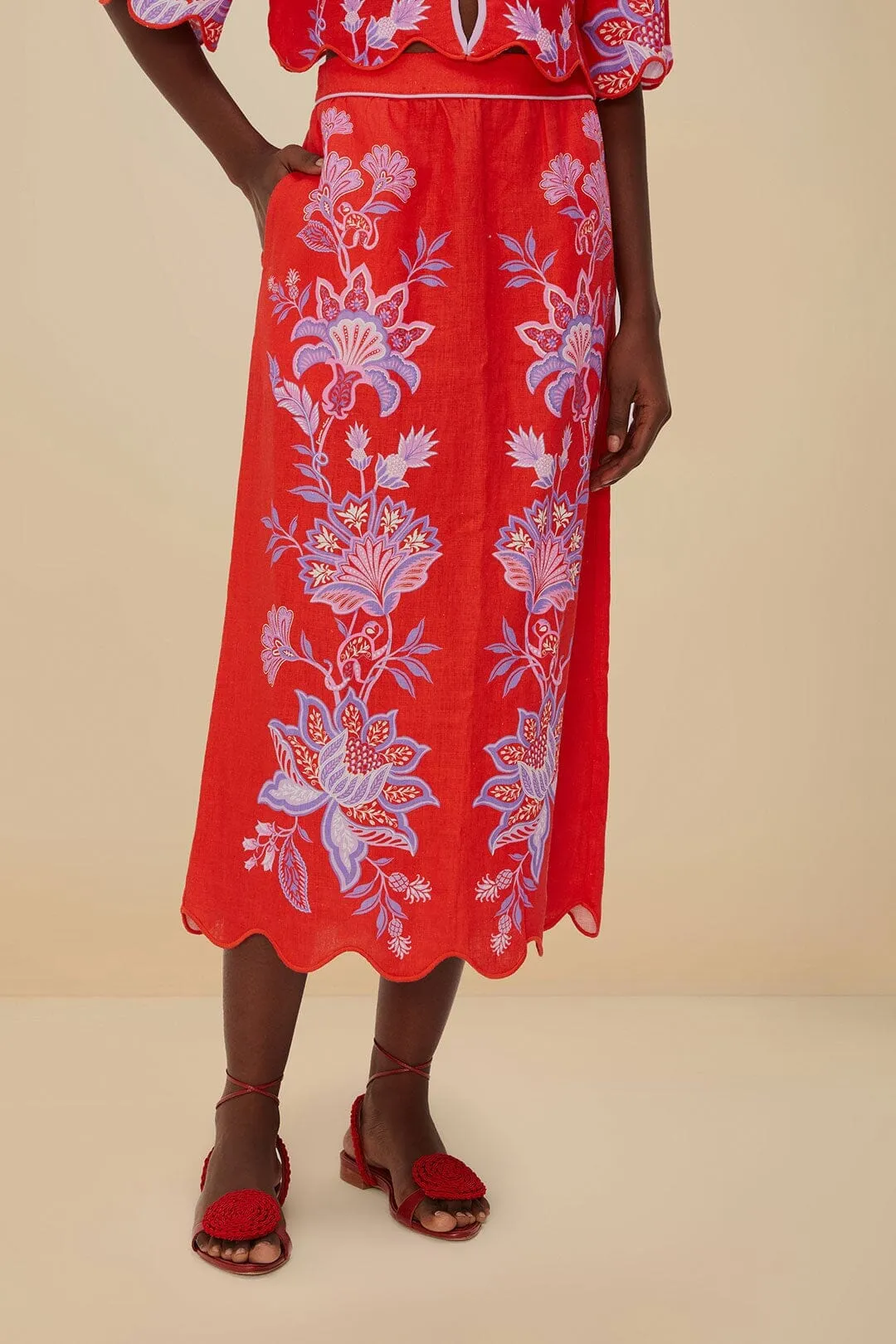 Light Flow Red Porcelain Garden Euroflax? Premium Linen Midi Skirt