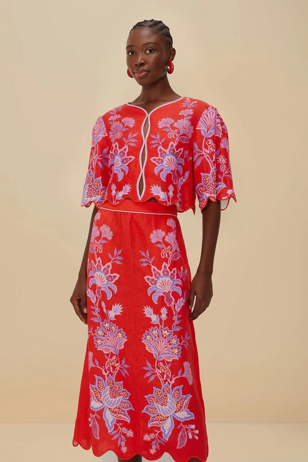 High Street Chic light feel Red Porcelain Garden Euroflax? Premium Linen Midi Skirt