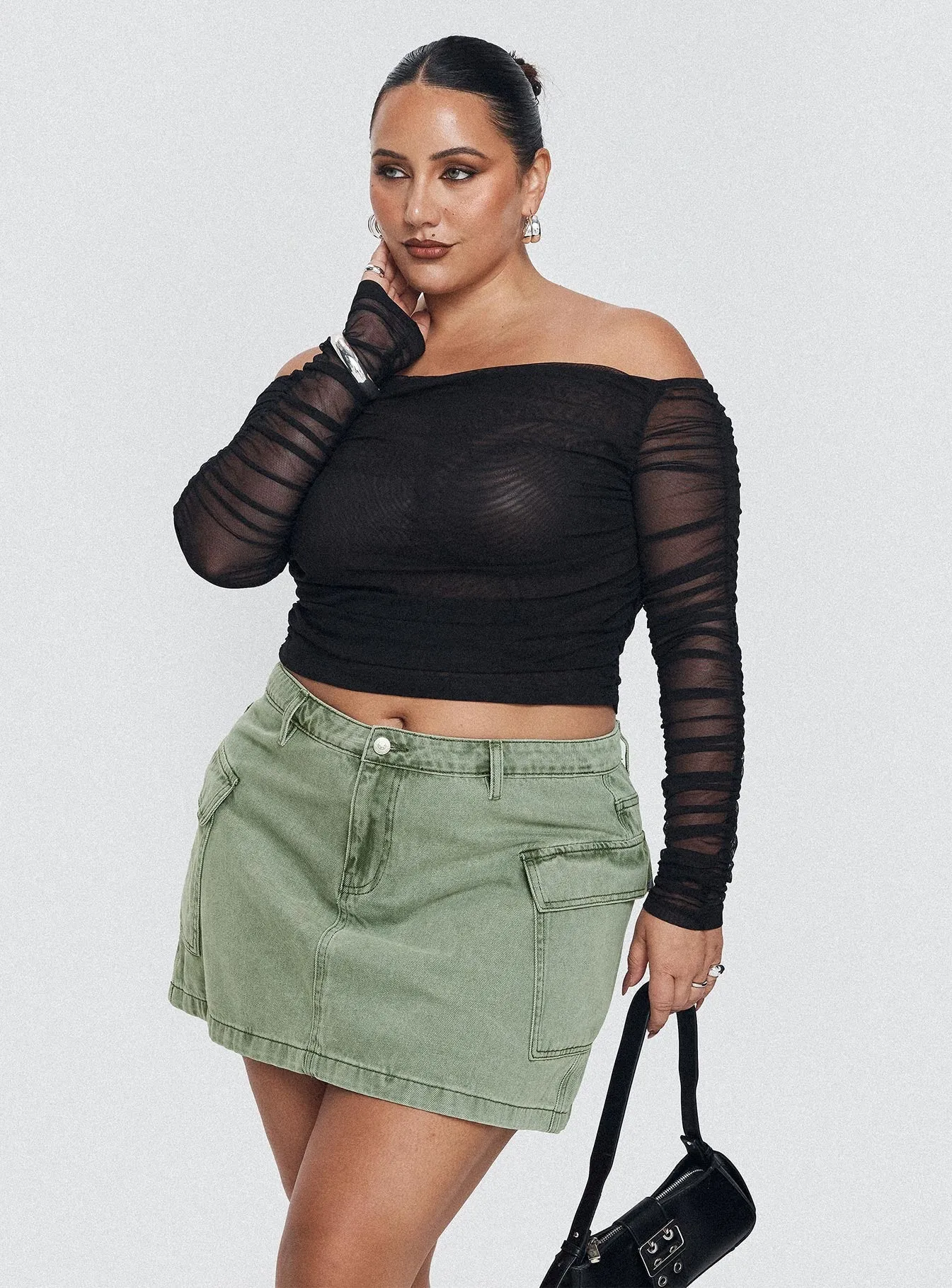 Zakai Cargo Denim Mini Skirt Green Curve Adjustable Hem Versatile Fit