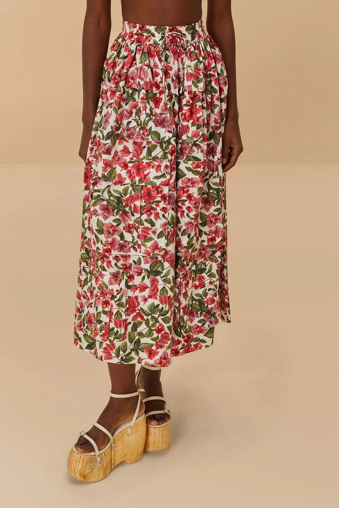 Pink Halftone Bougainvillea Organic Cotton Maxi Skirt Soft Layers