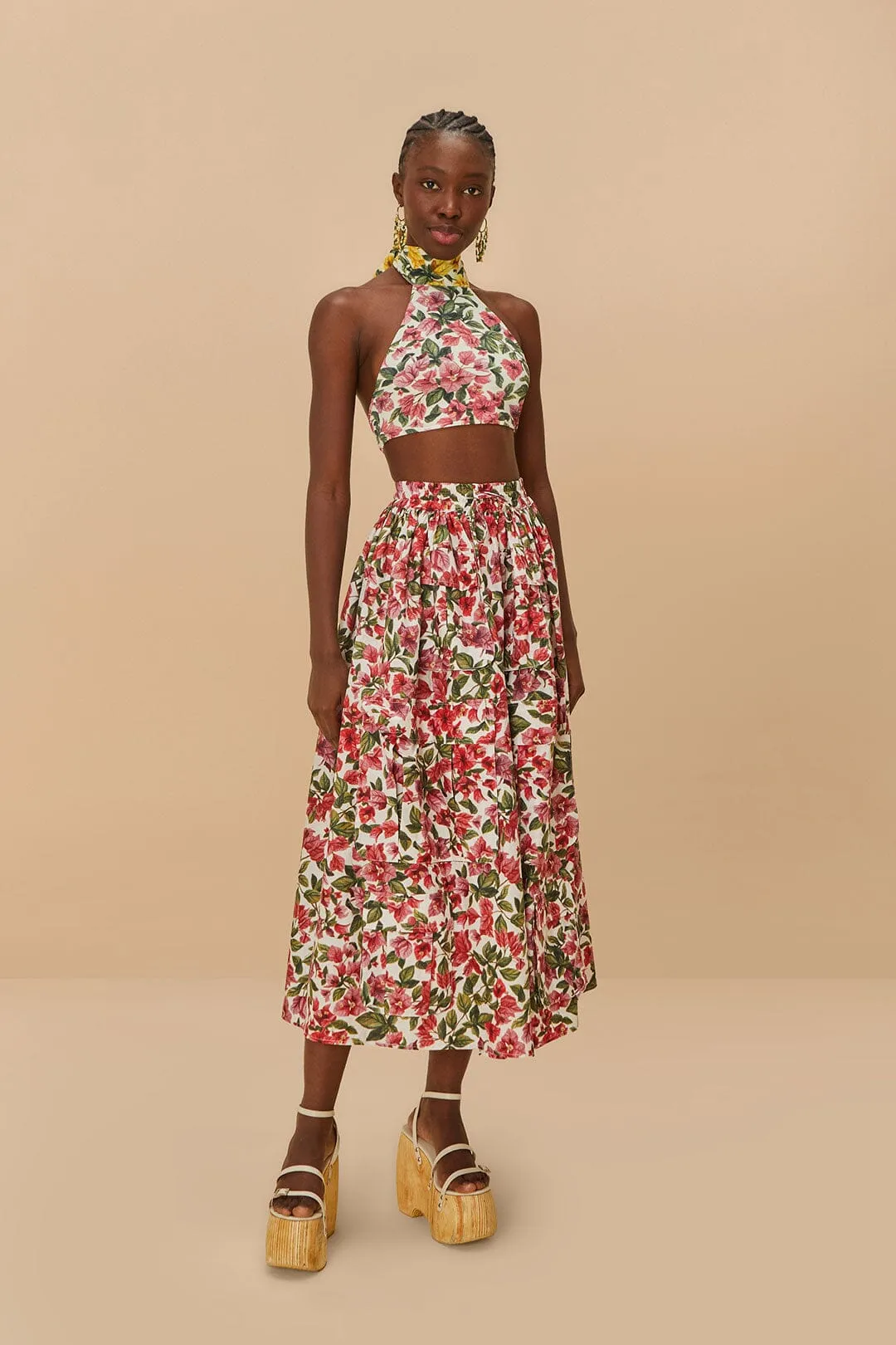 Pink Halftone Bougainvillea Organic Cotton Maxi Skirt Cozy Movement