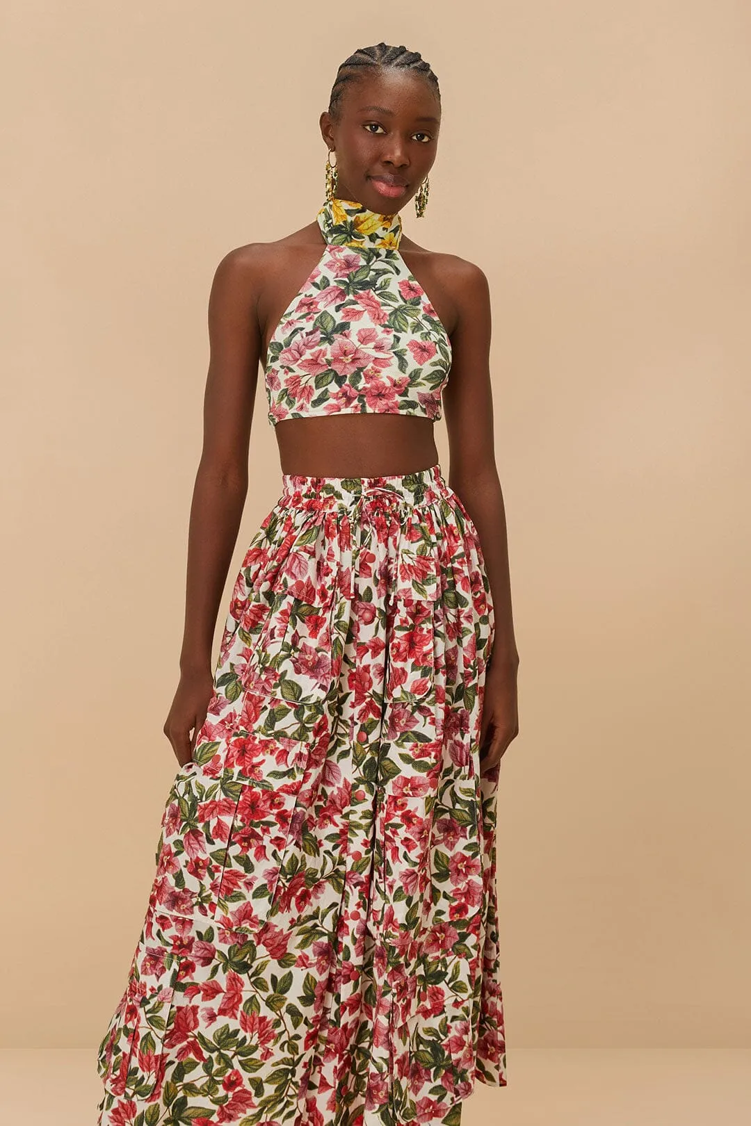 Pink Halftone Bougainvillea Organic Cotton Maxi Skirt Adjustable Closure Bold Statement