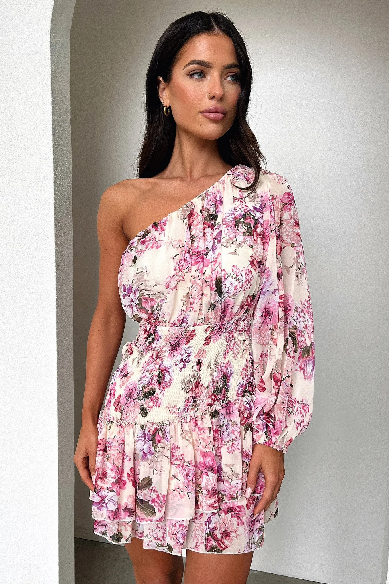 Rounded Neckline Light and Breezy Katina Mini Dress - Pink Floral