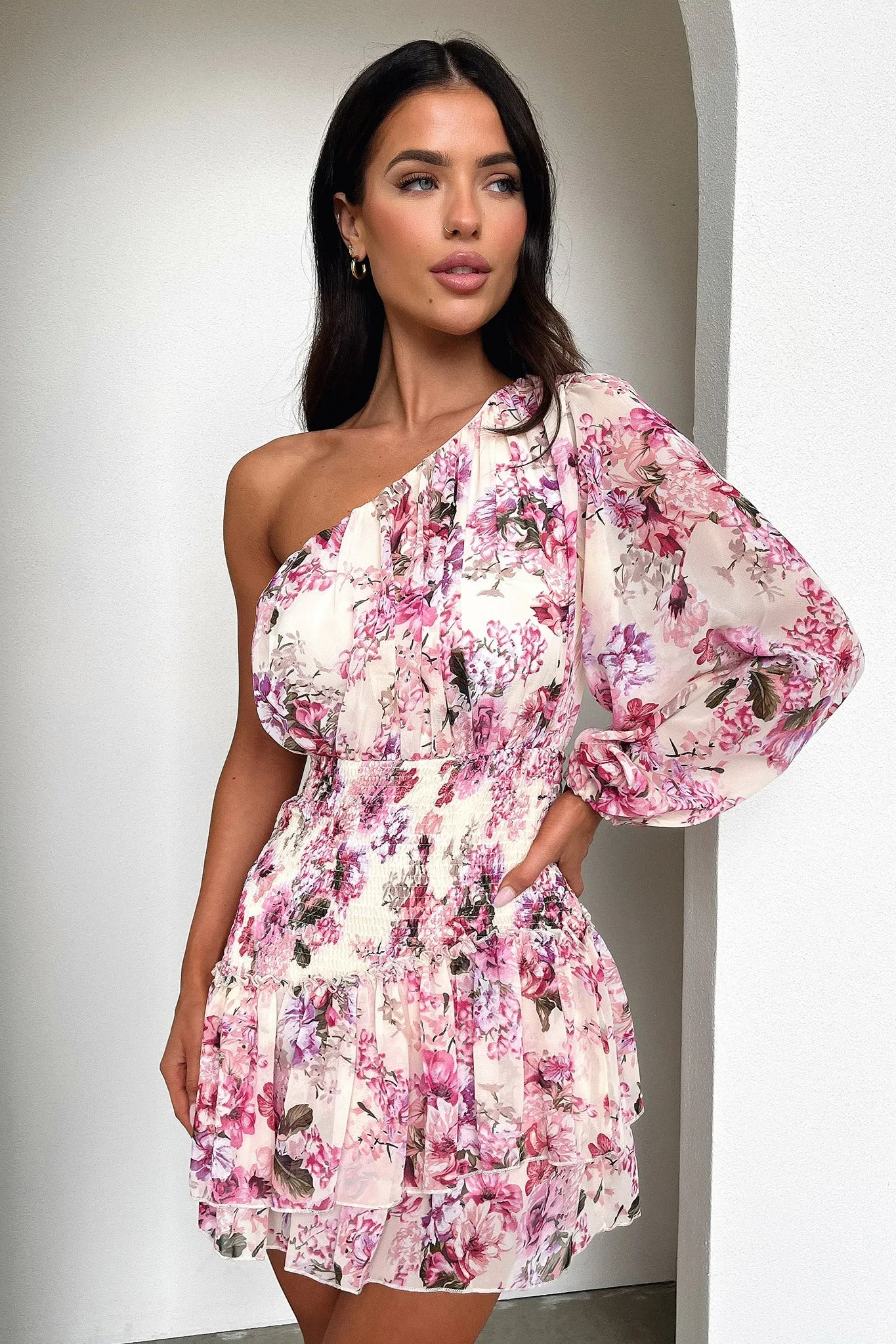 Katina Mini Dress - Pink Floral Vibrant Silhouette Shine Light