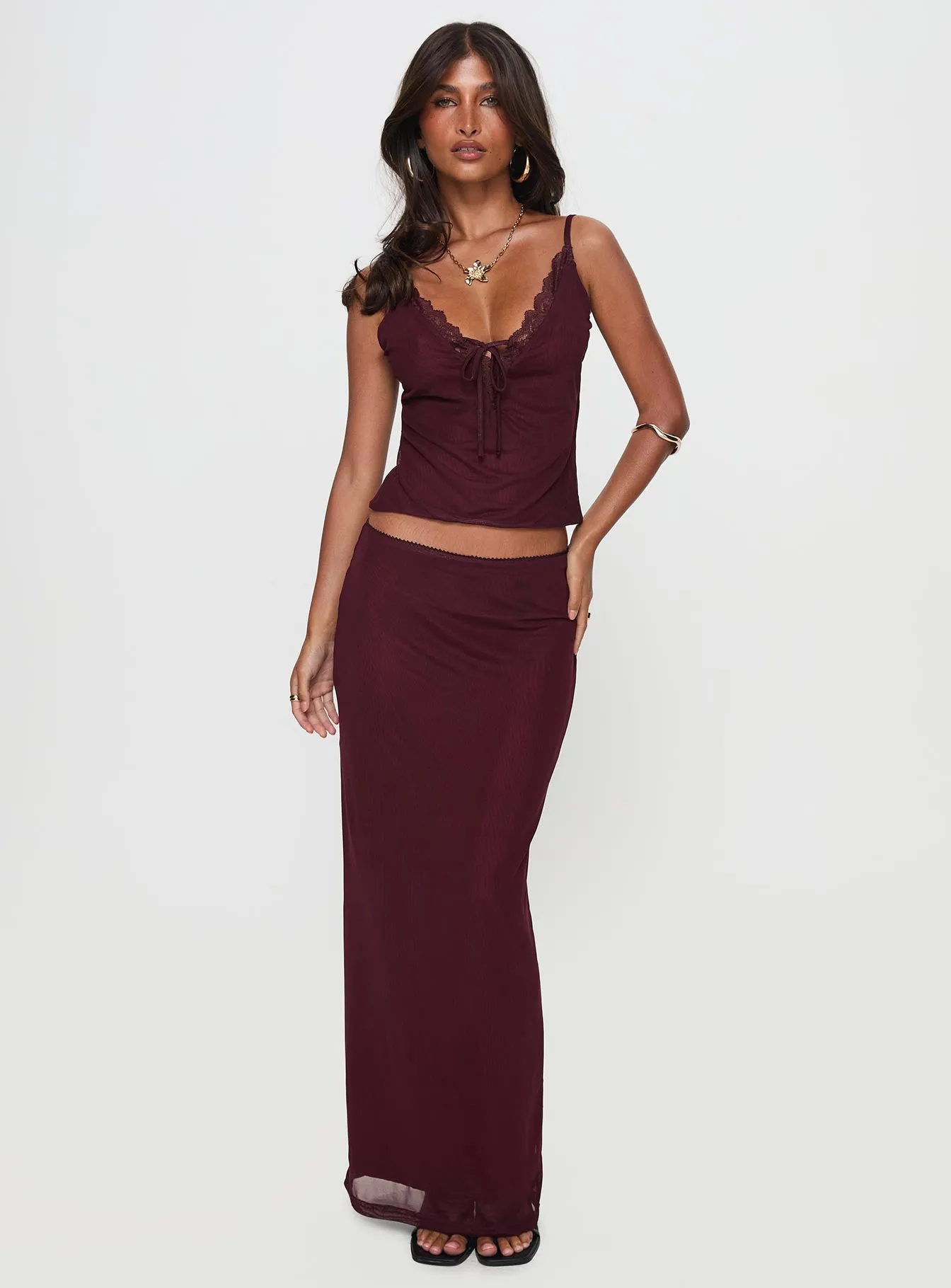 Reiko Lace Trim Tie Front Maxi Set Burgundy Metallic Finish