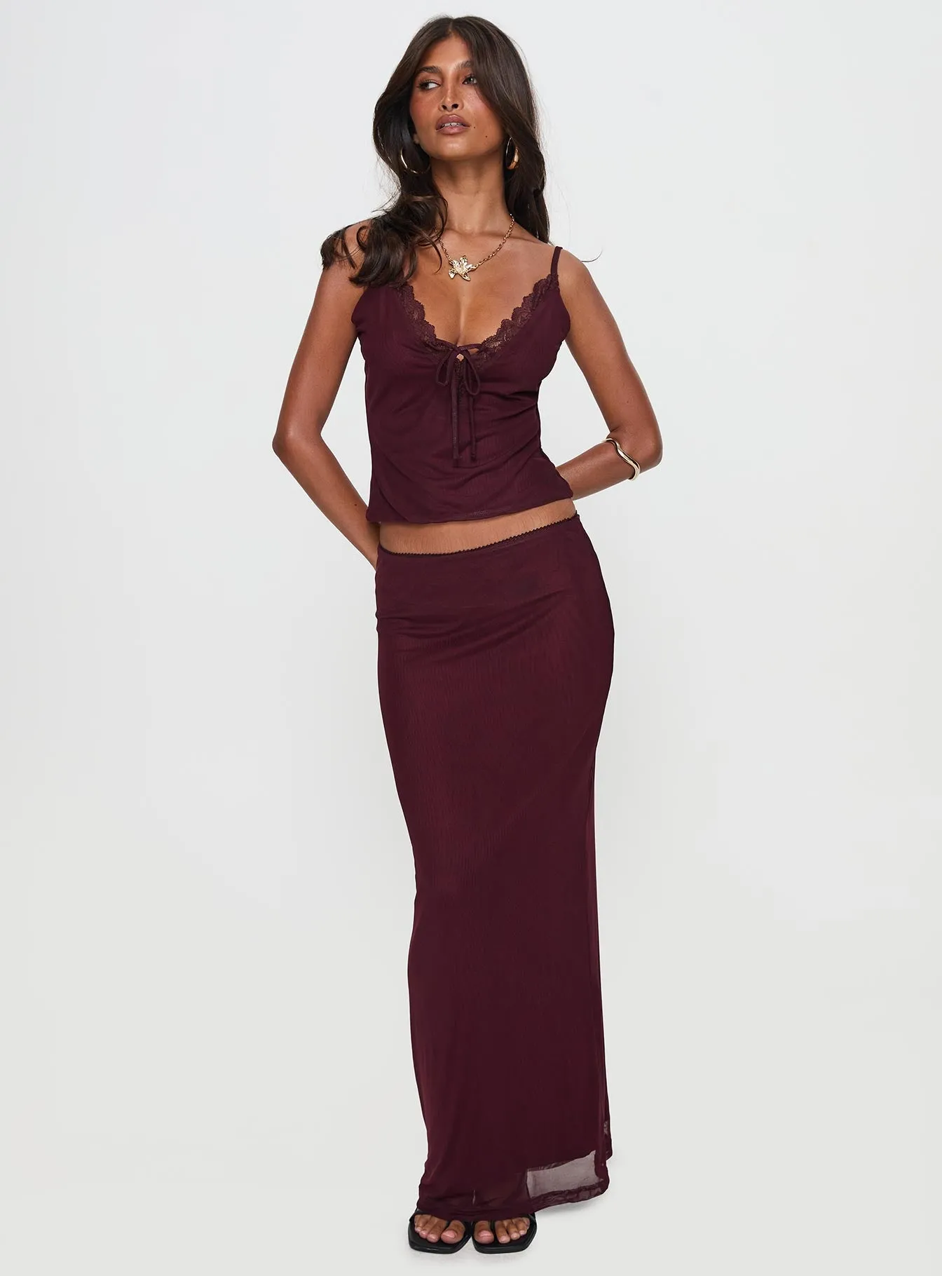Style Preview Street Edge Reiko Lace Trim Tie Front Maxi Set Burgundy