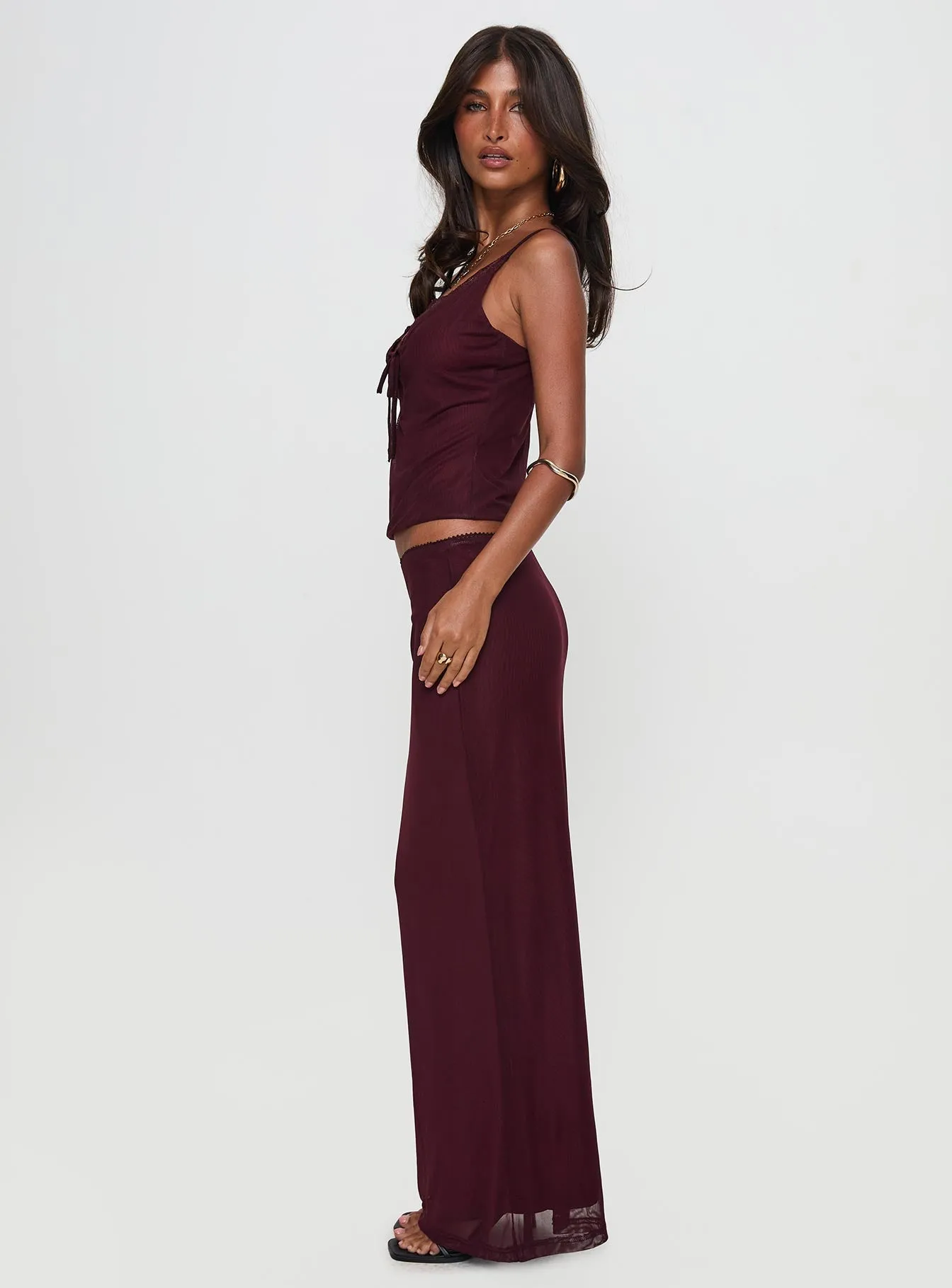Reiko Lace Trim Tie Front Maxi Set Burgundy Cozy Outfit Neutrals Only
