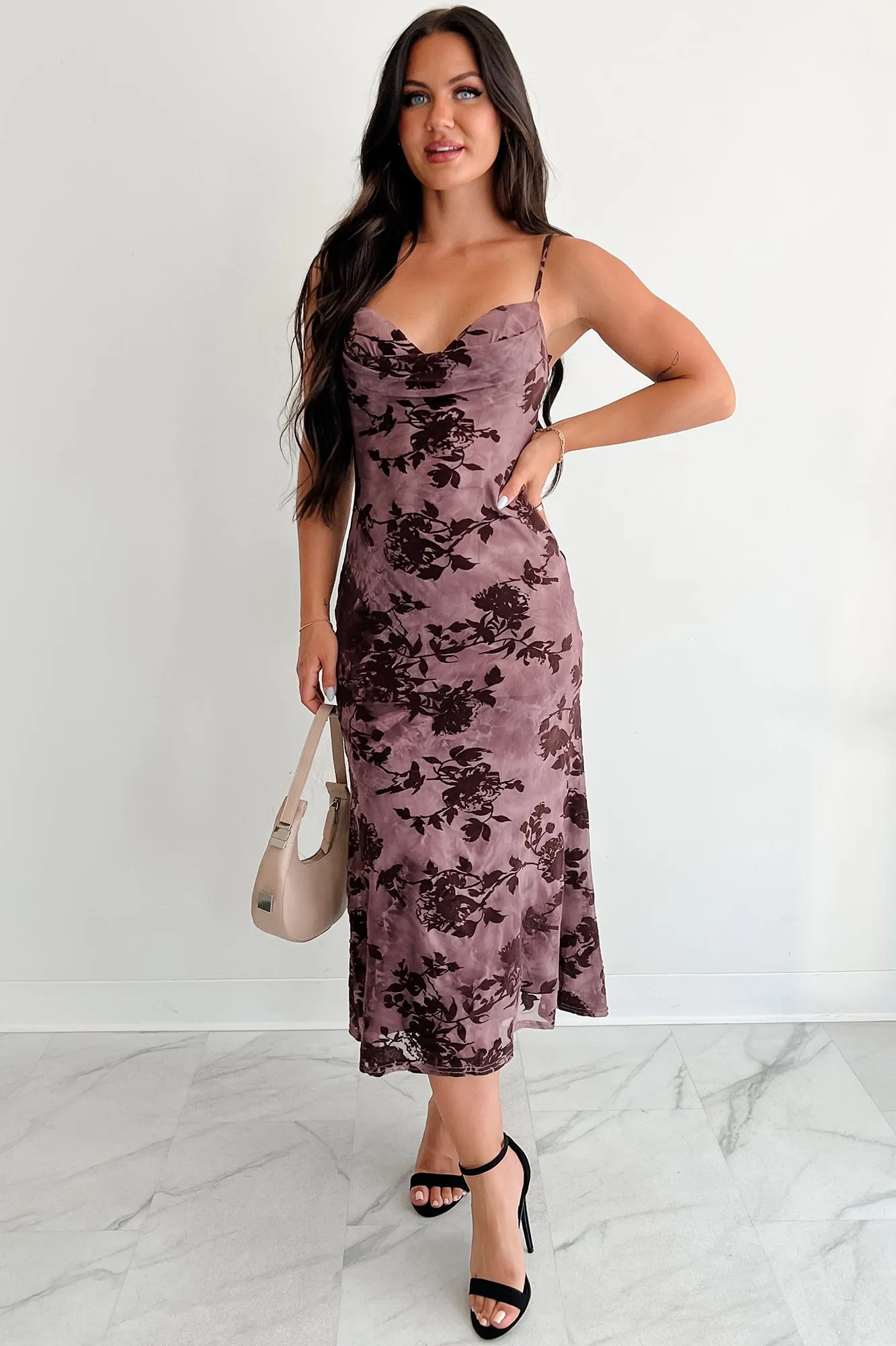 Everlasting Love Floral Mesh Midi Dress (Wine) Amber Light Comfortable daytime dress