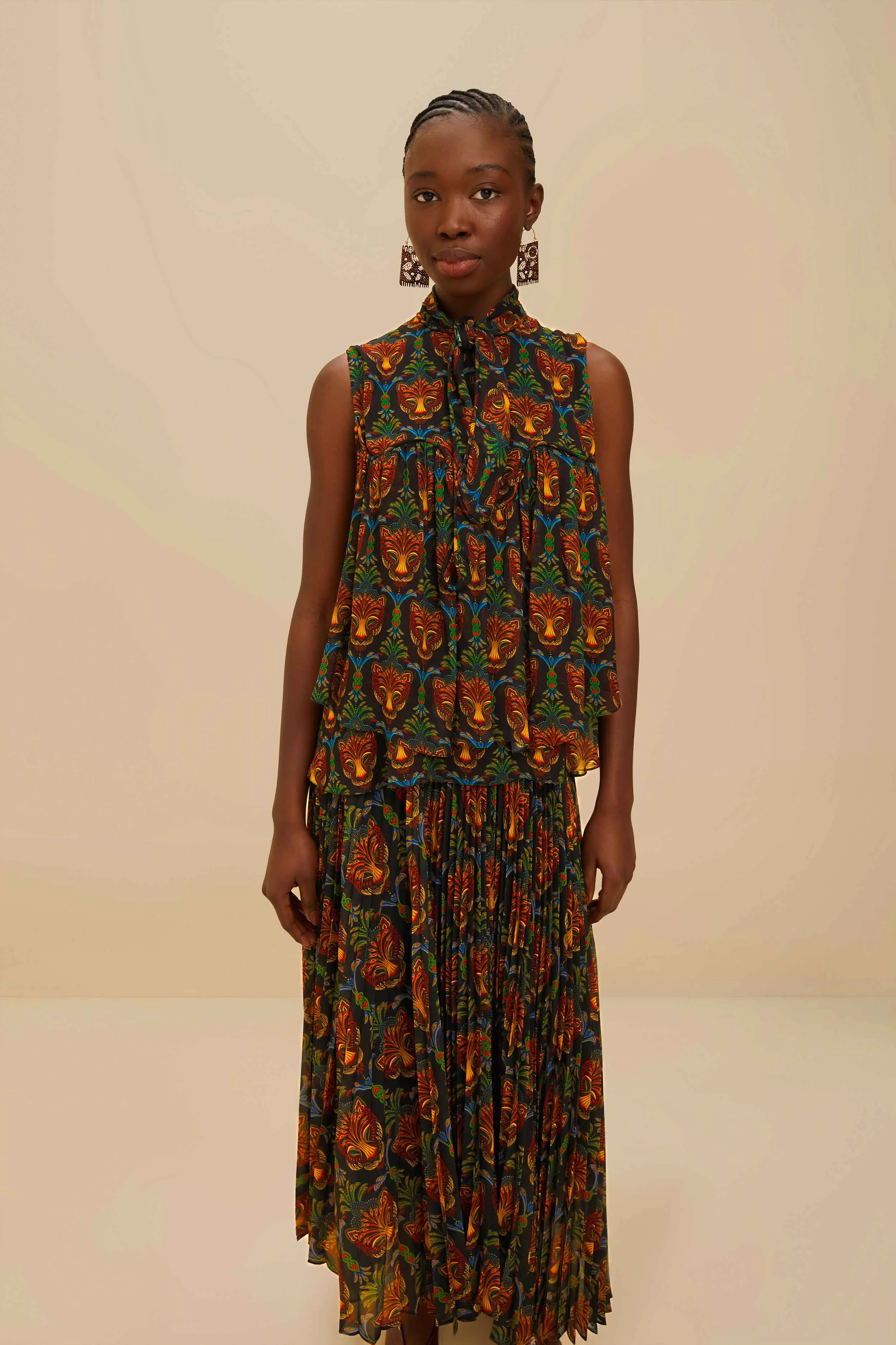 Black Boho Panther Pleated Maxi Skirt Everyday Line Sleek Detail