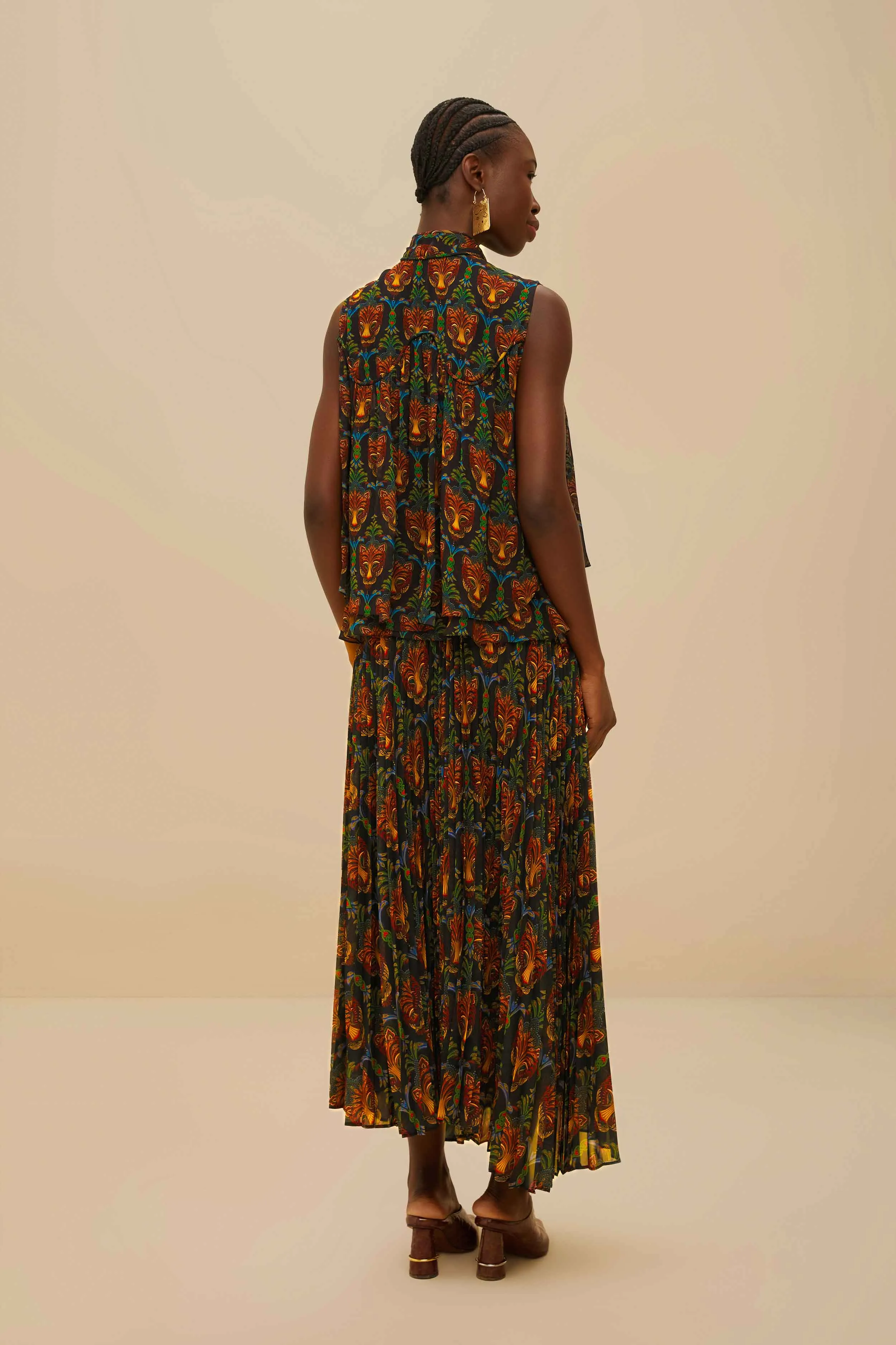 Black Boho Panther Pleated Maxi Skirt Artisanal Craft