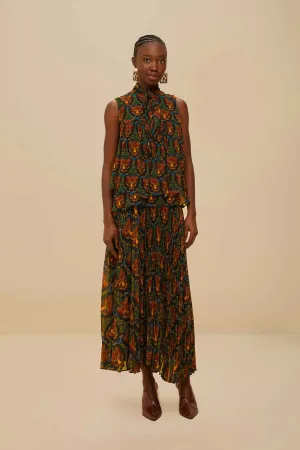 Crisscross Back Black Boho Panther Pleated Maxi Skirt