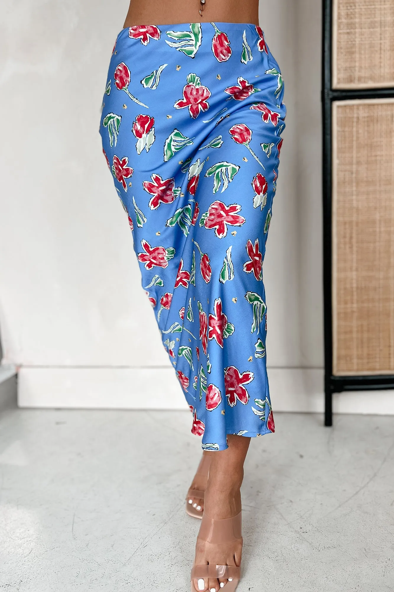 Erasable Crease Corduroy texture Feeling Flowerful Satin Floral Midi Skirt (Blue)