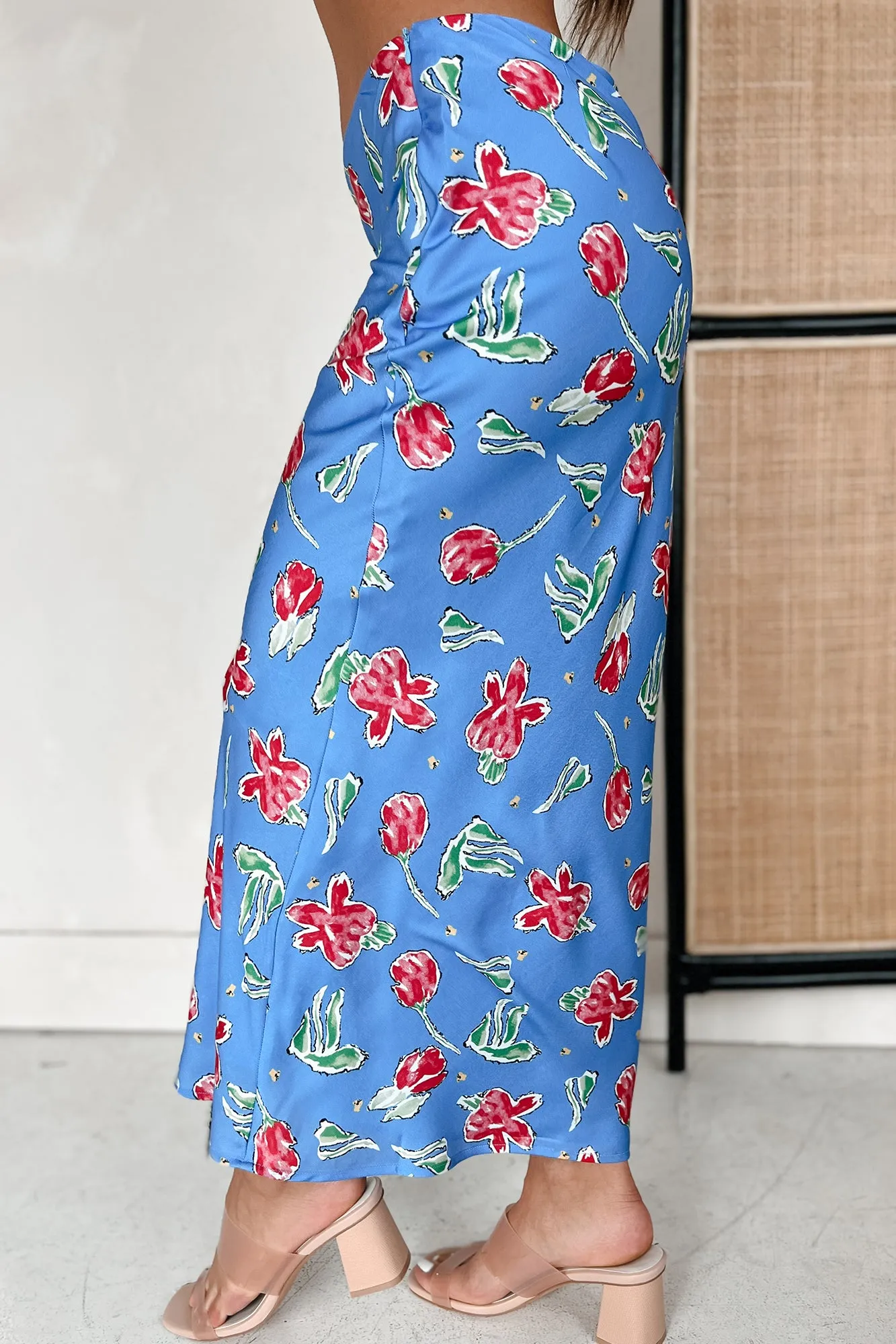 Feeling Flowerful Satin Floral Midi Skirt (Blue) Non Restrictive