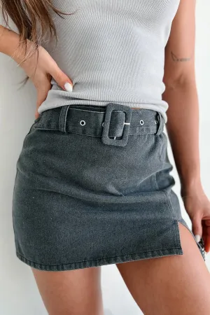 Cozy Feel Adjustable Fastening Growing Distant Belted Denim Mini Skirt (Washed Black)