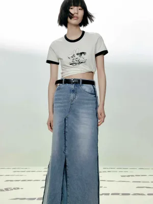 Seams Detail Slit Denim Skirt Flexible Material