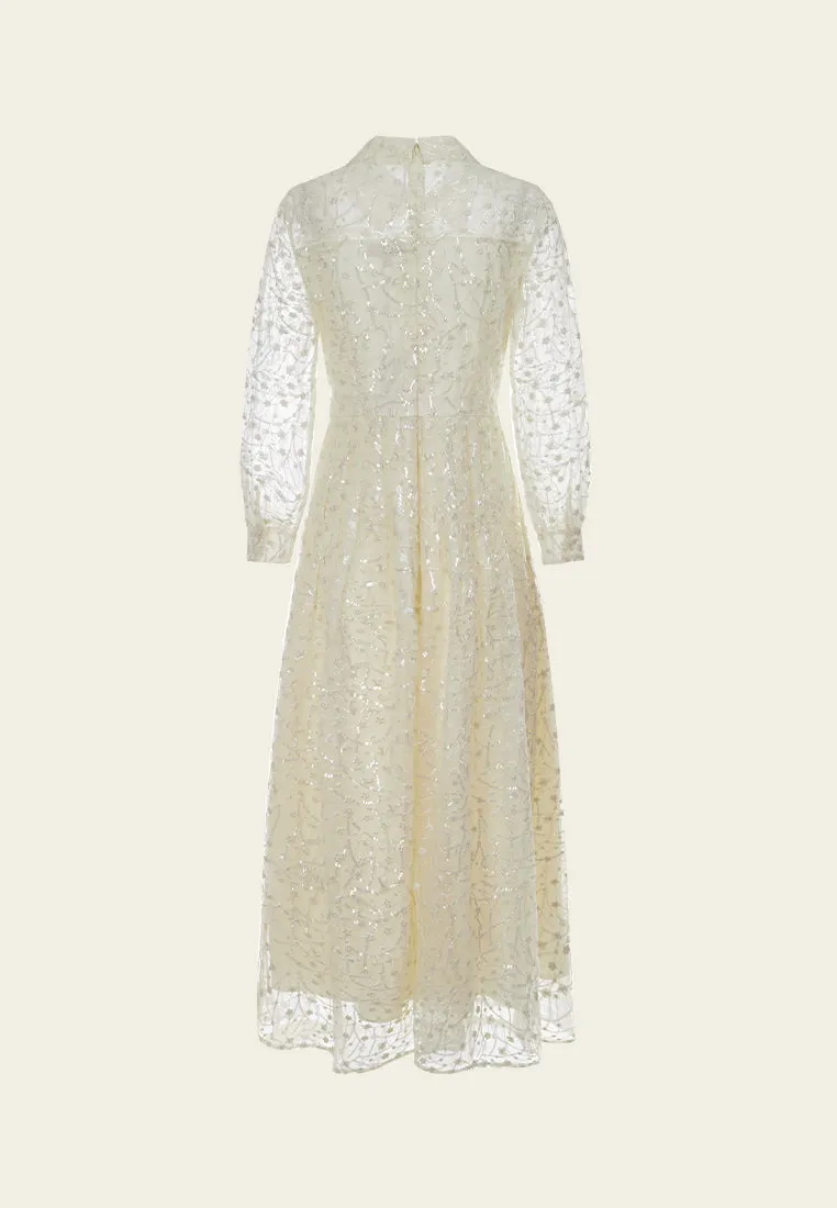Embellished Lapel Puff-sleeve Mesh Dress Hot Core Legend Glow
