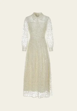 Embellished Lapel Puff-sleeve Mesh Dress BalancedDrape