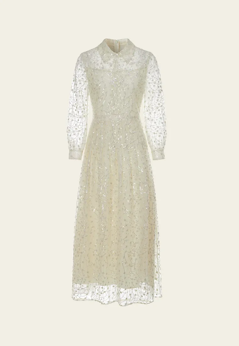 Embellished Lapel Puff-sleeve Mesh Dress BalancedDrape