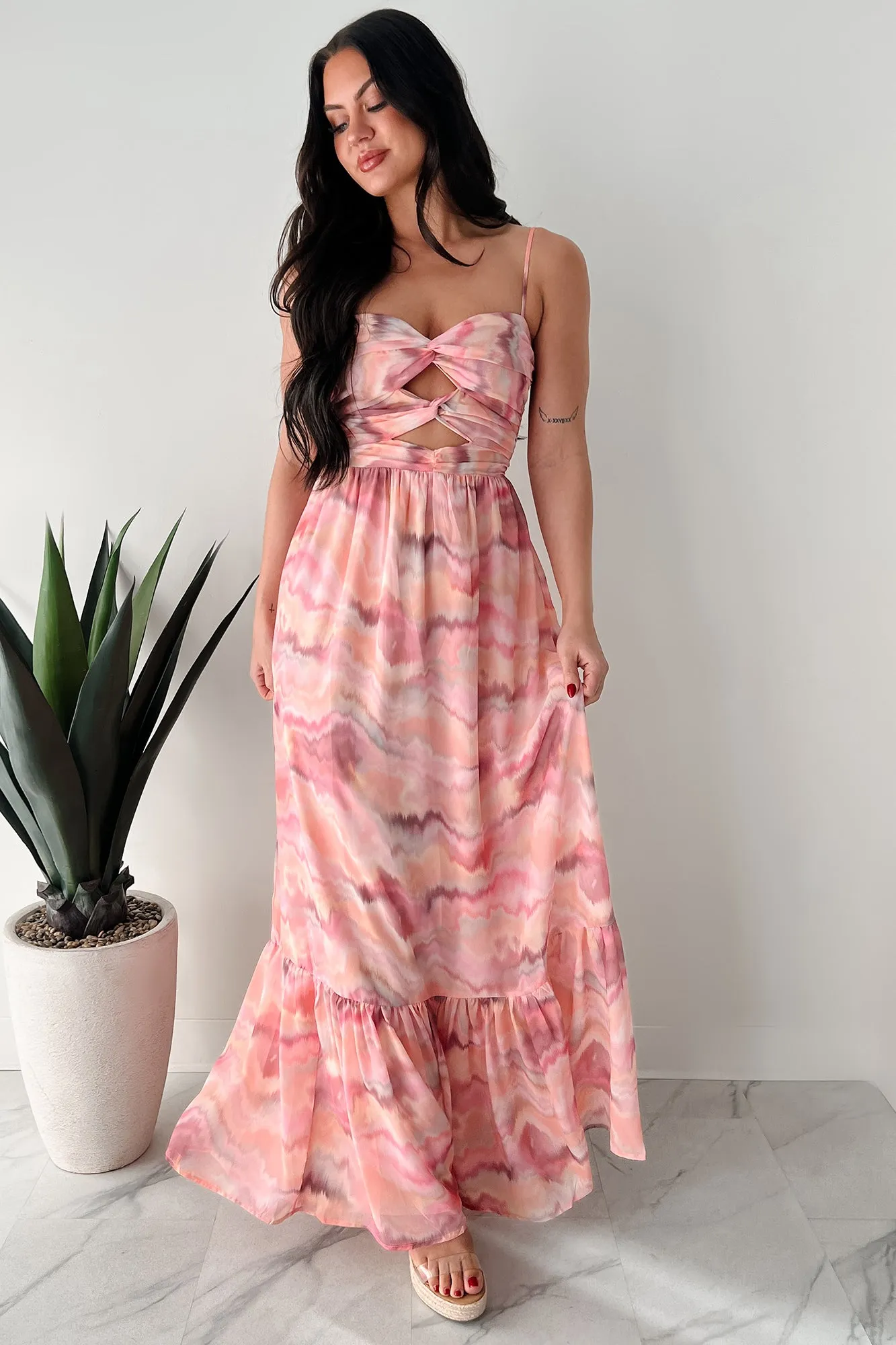 Paper Wall Maple Lane I Hope You Think Of Me Marble Printed Maxi Dress (Pink Multi)
