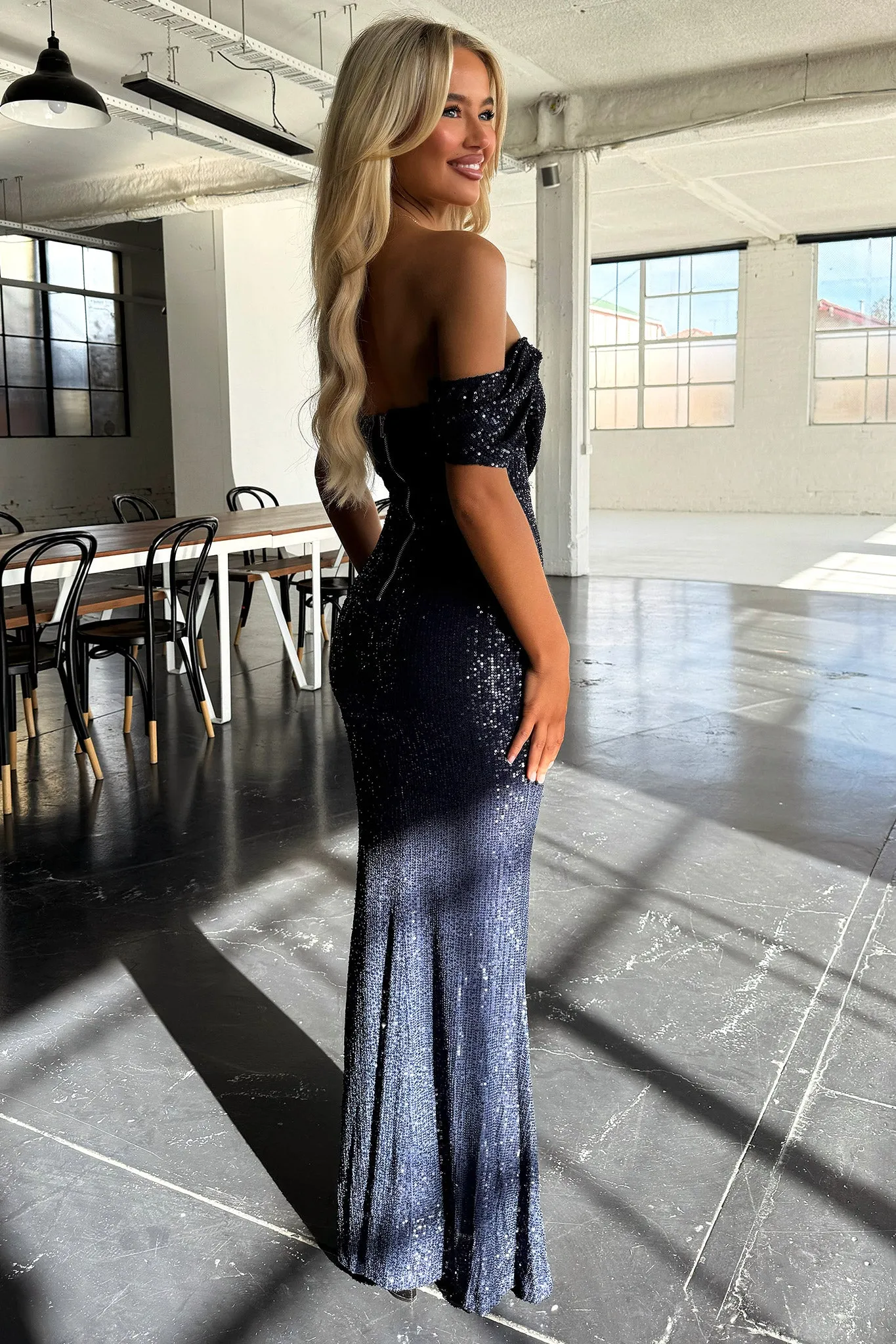 Nara Off Shoulder Sequin Maxi Dress - Navy Ruby Pop Effortless vacation dress