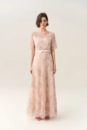 smooth zipper Fairy Touch Tie-waist Sequin & Embroidery Mesh Dress