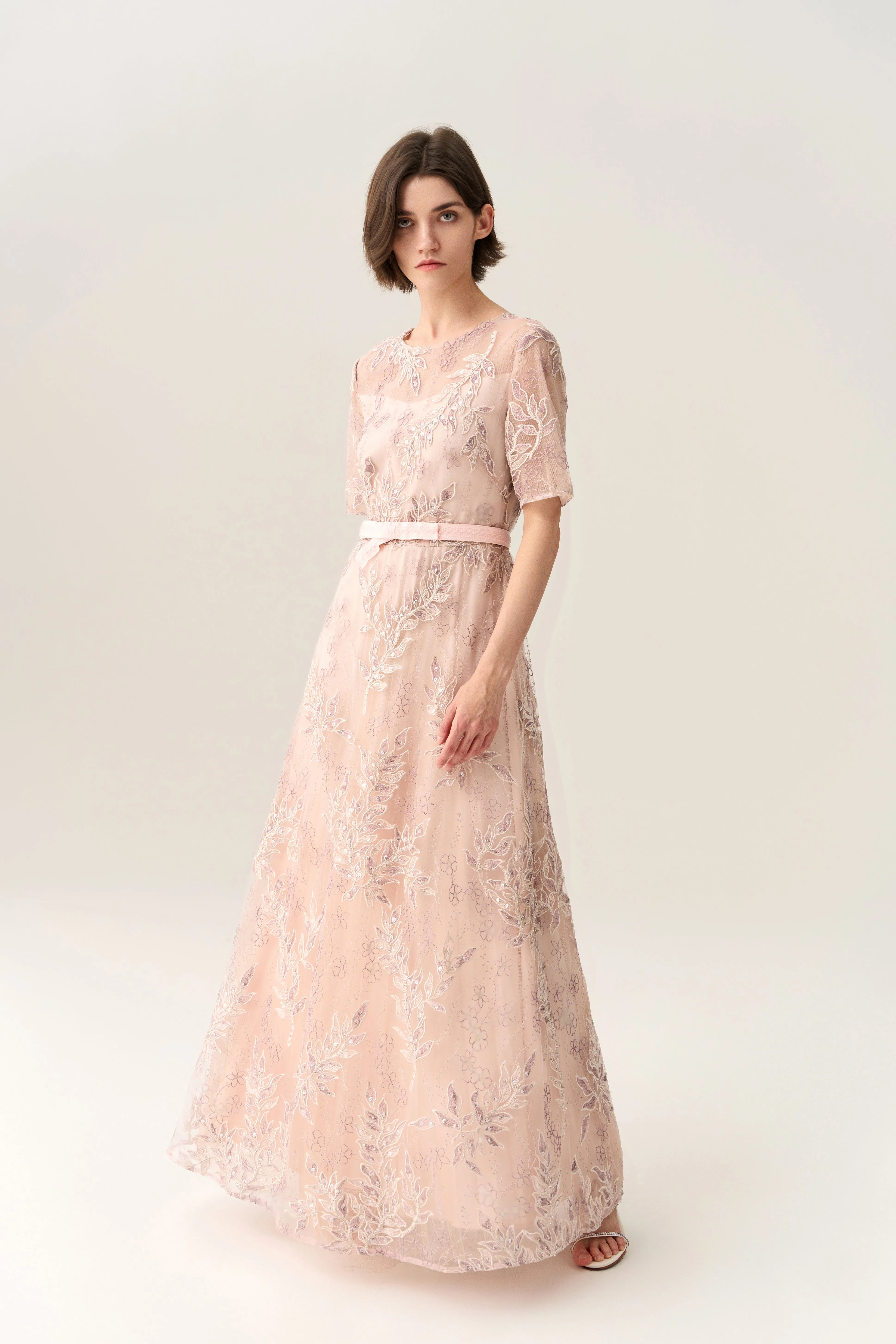 DoubleLayered Tie-waist Sequin & Embroidery Mesh Dress