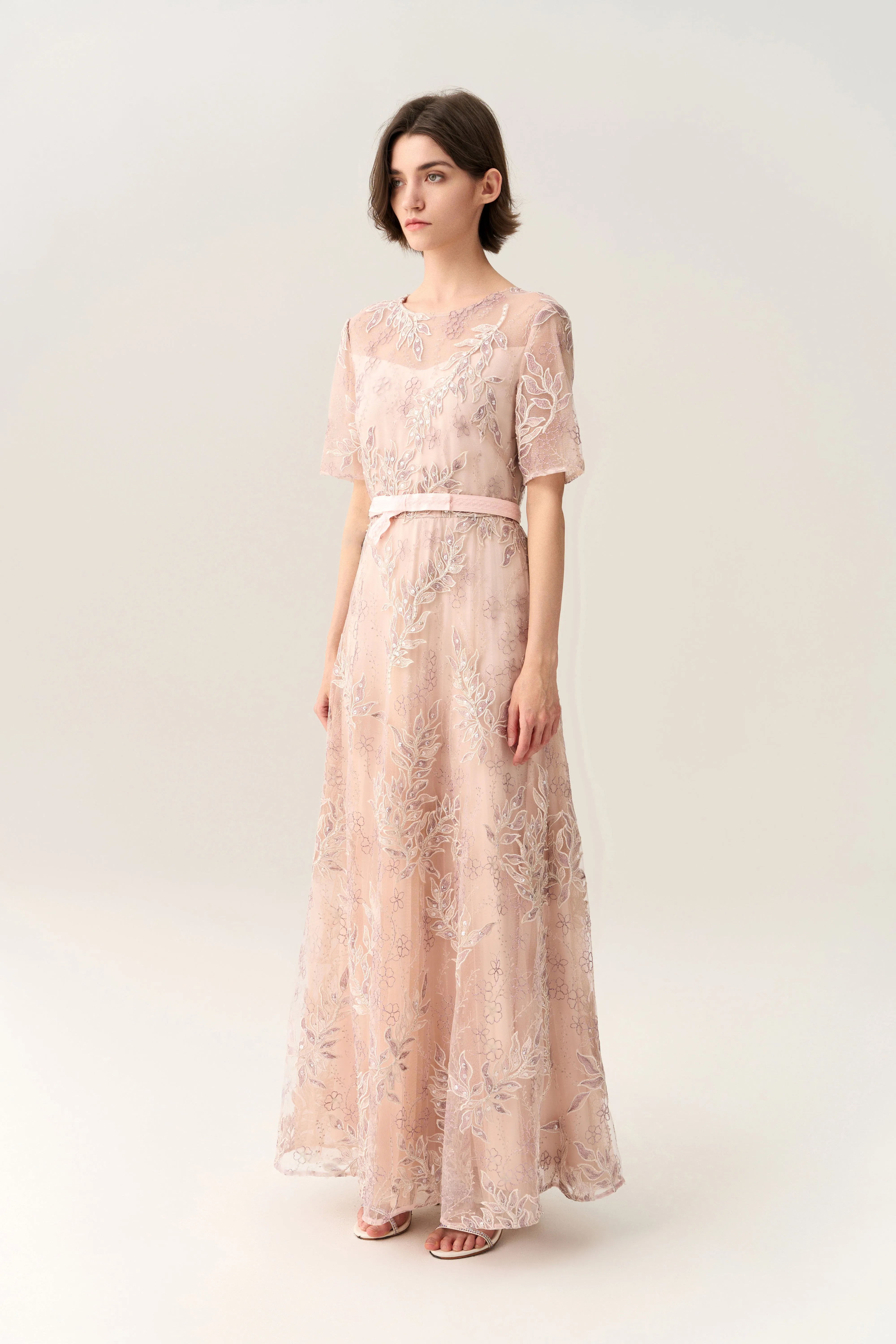 LowMaintenanceMaterial Tie-waist Sequin & Embroidery Mesh Dress