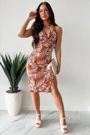 Tropical Traditions Palm Print Halter Midi Dress (Brown Multi) Beach Path Contemporary Fashion