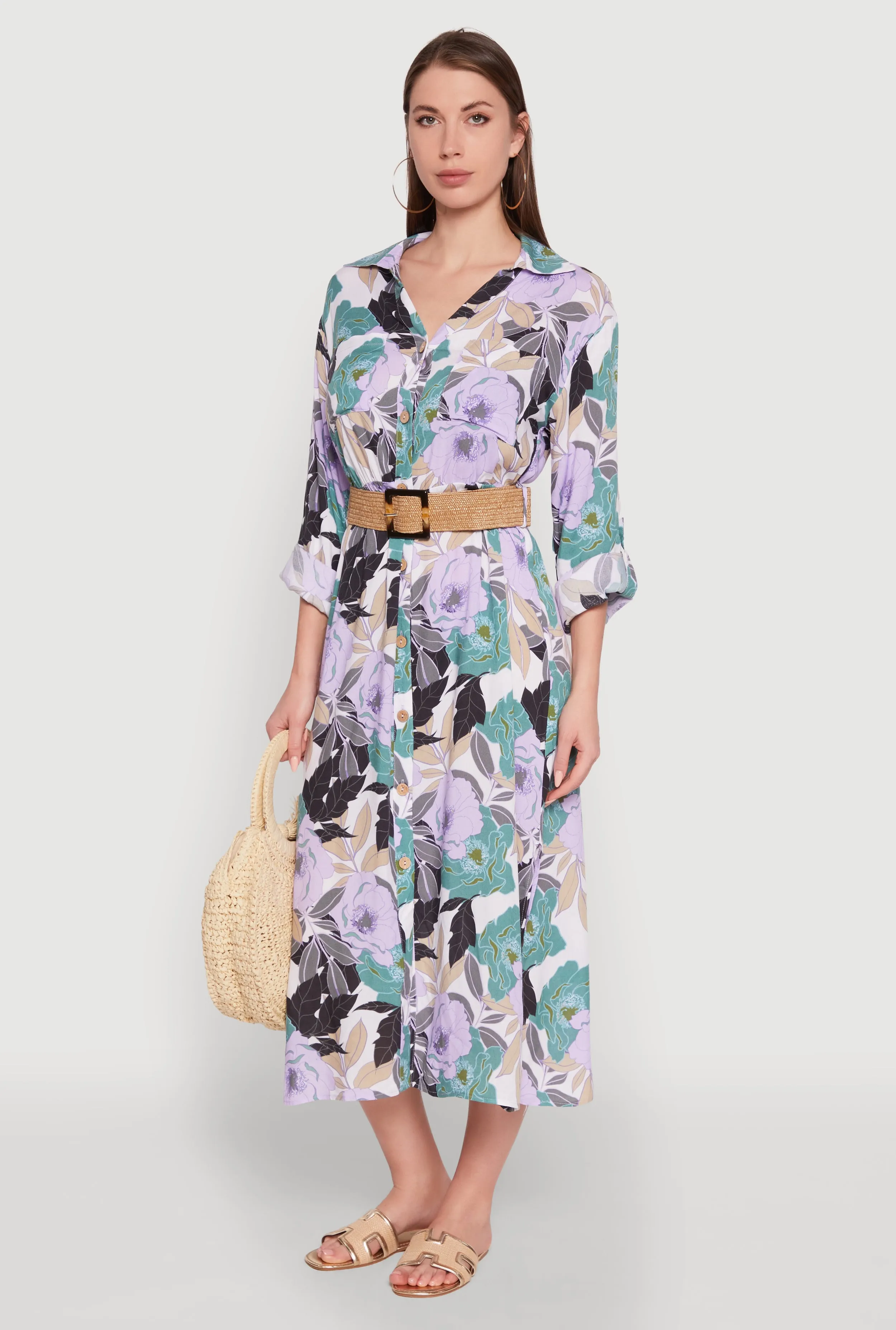 Floral Button Front Belted Shirt Dress Free Movement Lasting Joy