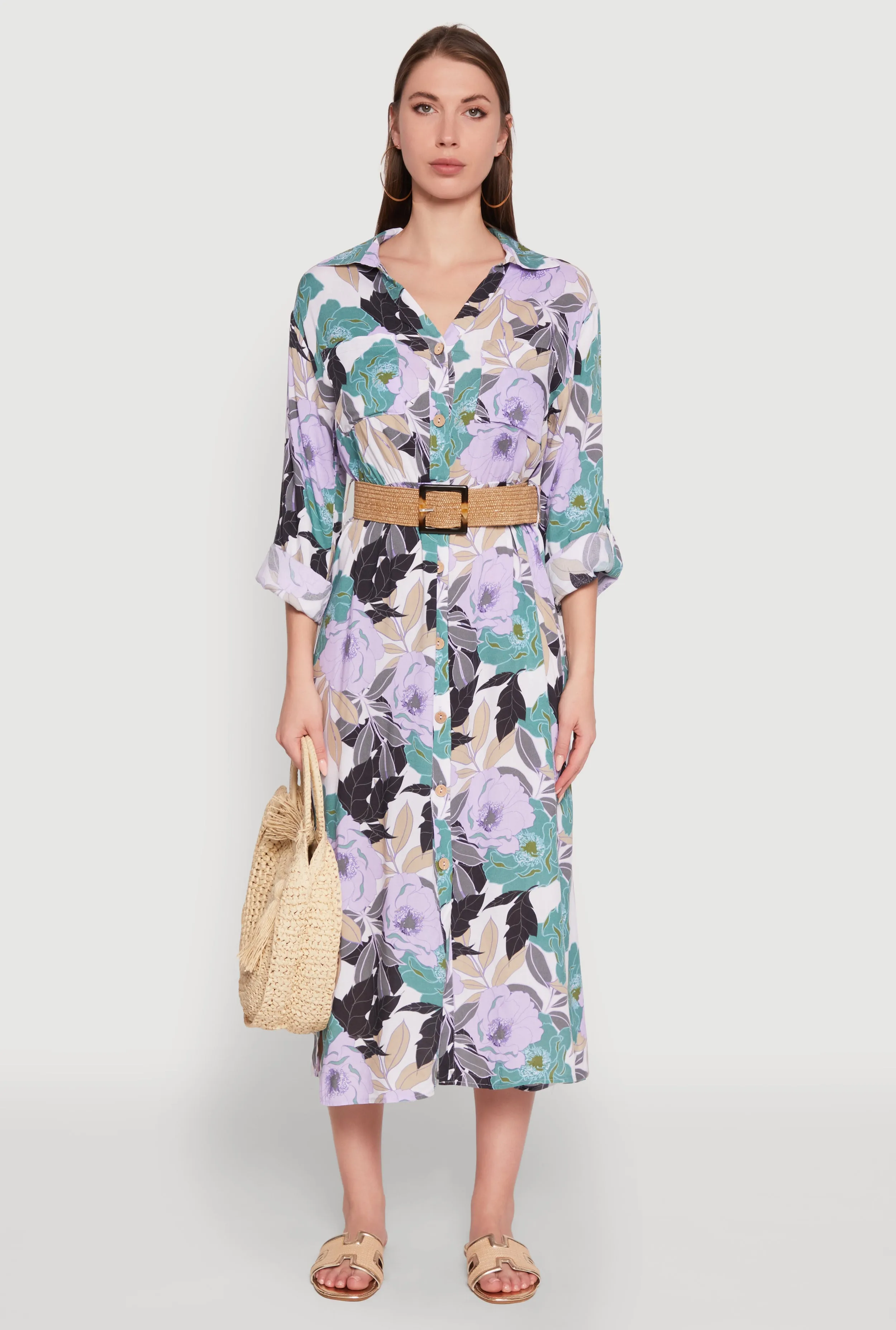 Cloud Light Classy Attire Floral Button Front Belted Shirt Dress
