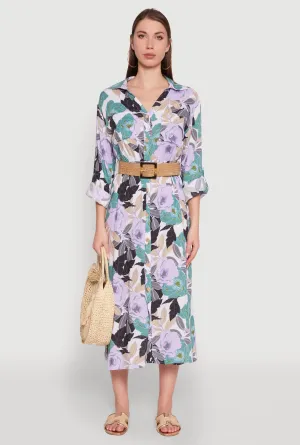 Cloud Light Classy Attire Floral Button Front Belted Shirt Dress