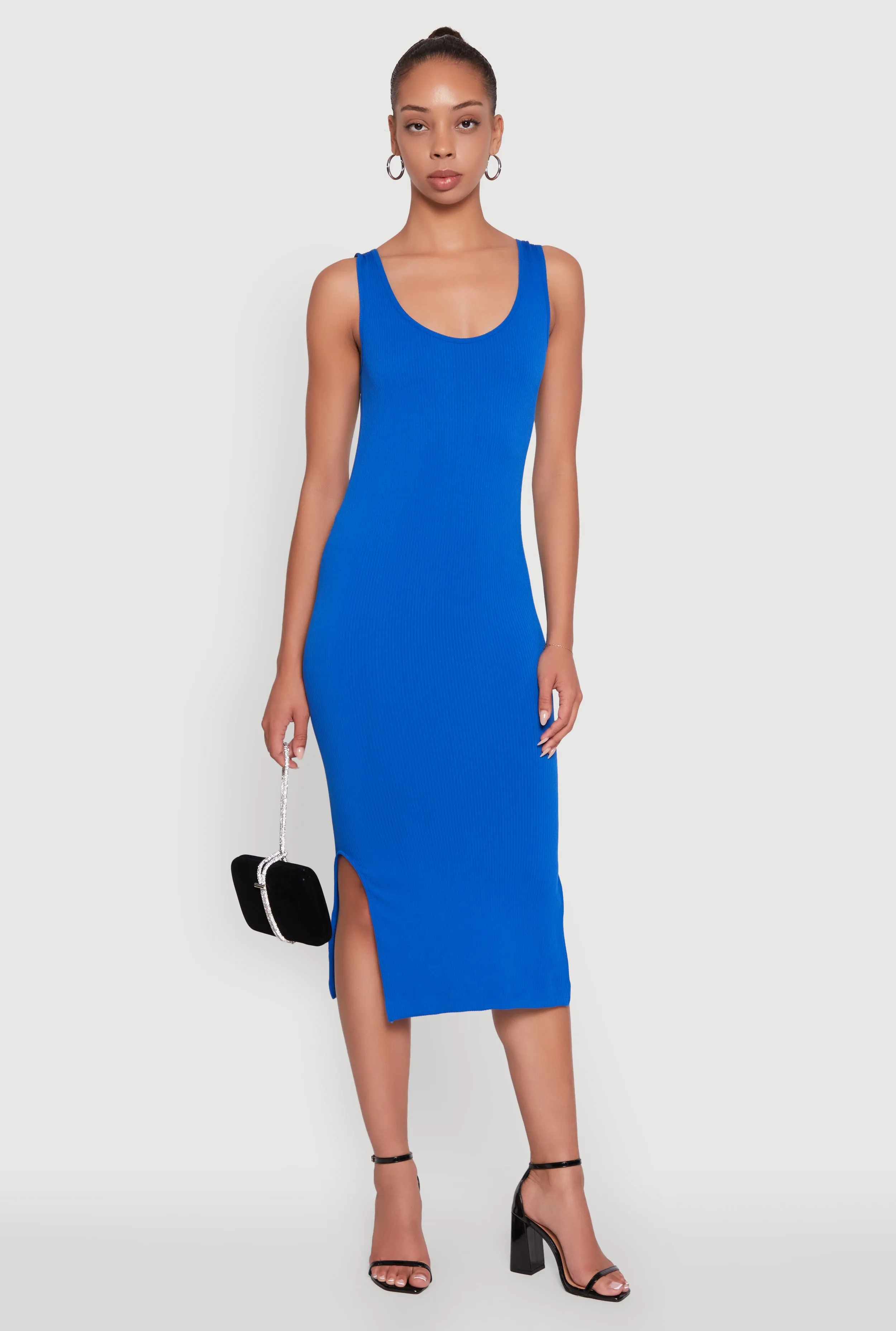 Rib Knit Scoop Neck Side Slit Tank Dress Versatile midi for travel