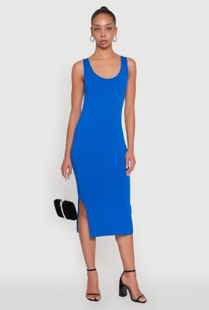 Rib Knit Scoop Neck Side Slit Tank Dress Versatile midi for travel