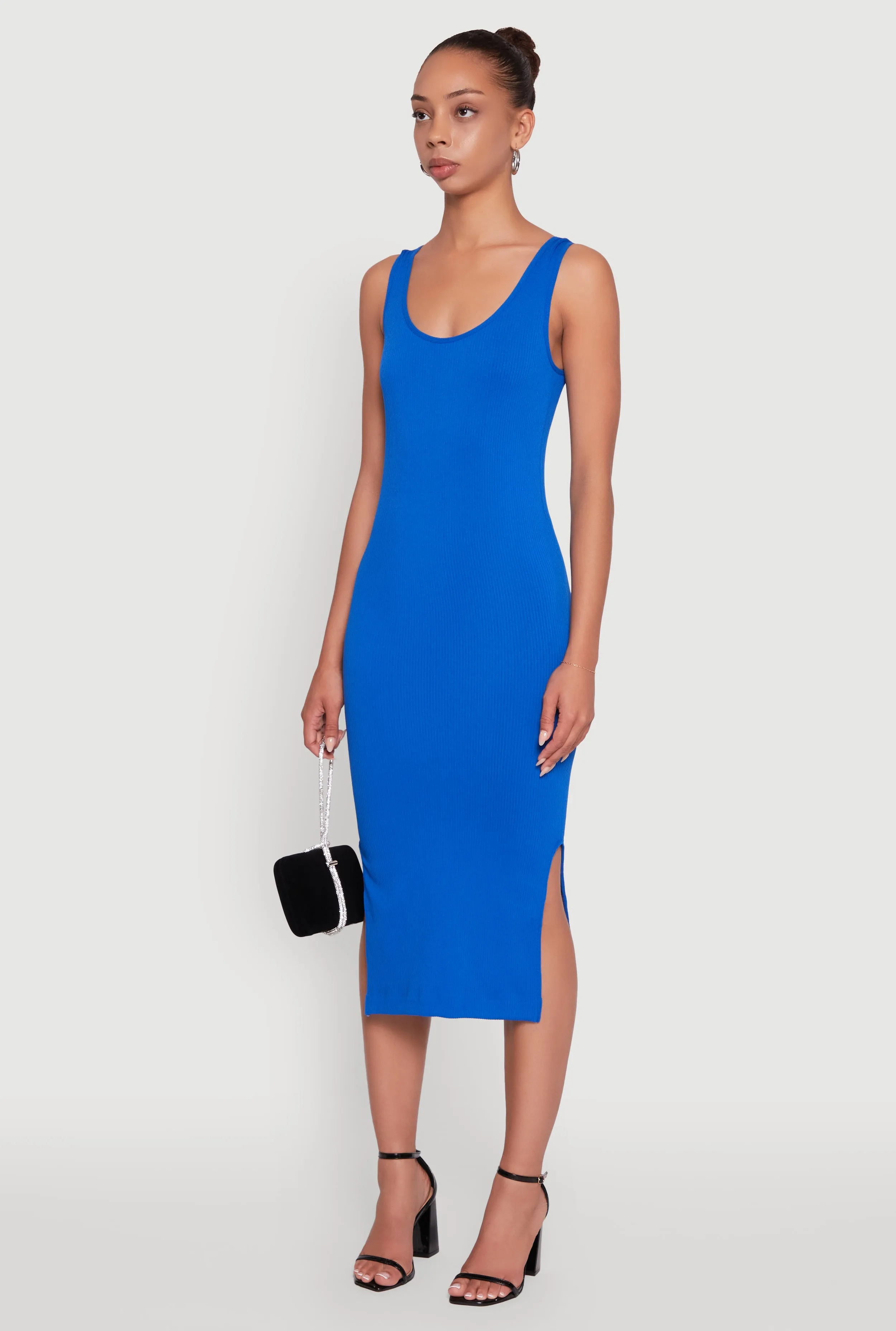Rib Knit Scoop Neck Side Slit Tank Dress Trendy Outfit