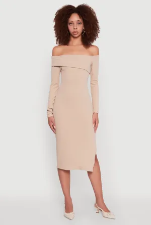 Port Side Contemporary Style Asymmetrical Fold Over Off The Shoulder Side Slit Dress