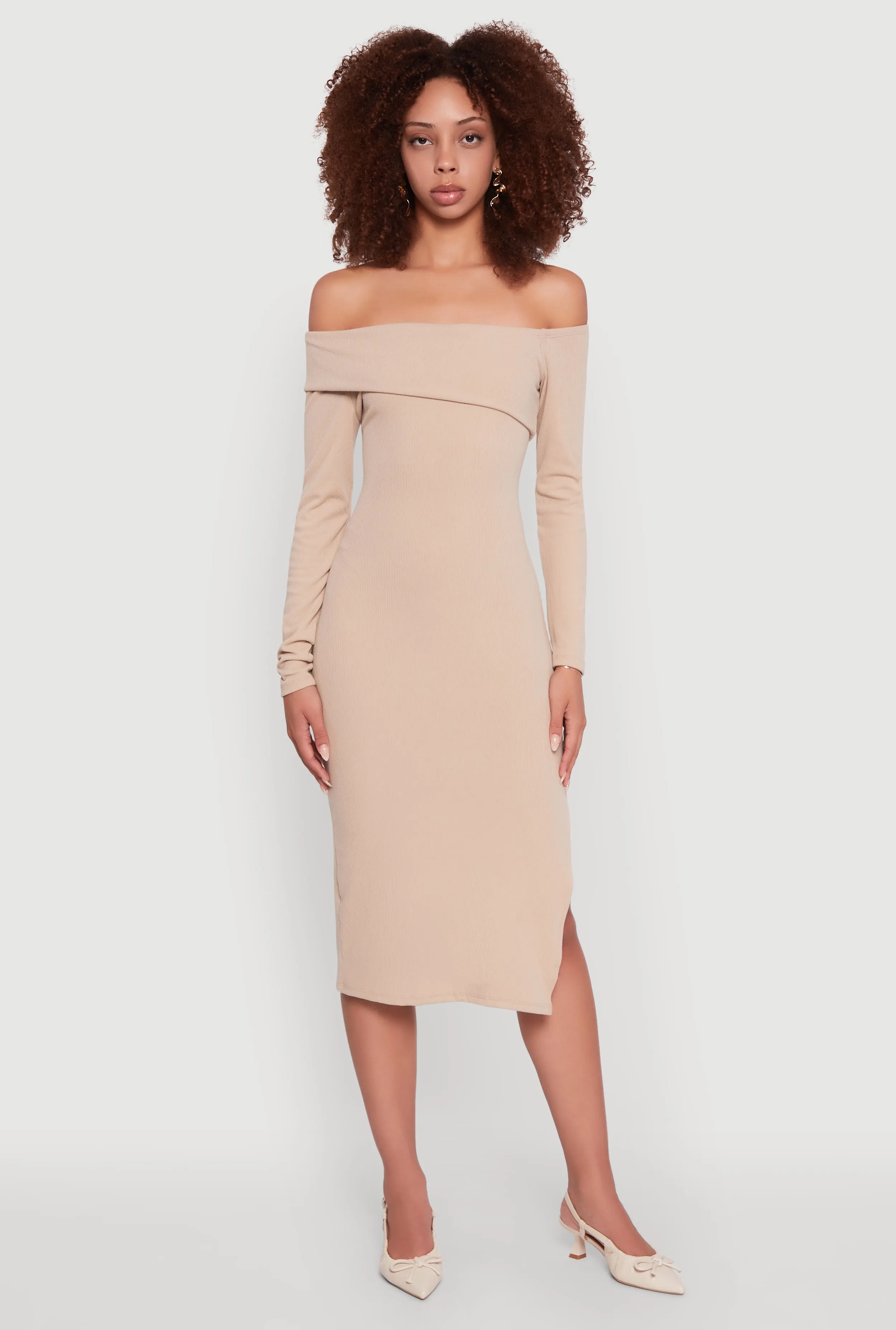 Port Side Contemporary Style Asymmetrical Fold Over Off The Shoulder Side Slit Dress