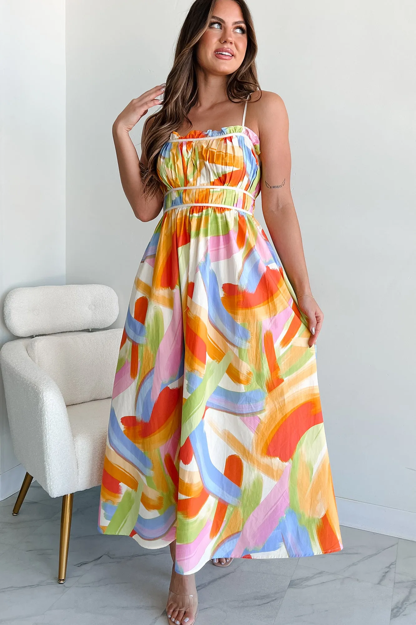 Deep Shade Charming Fit Passionate Response Printed Maxi Dress (White/Blue/Yellow)