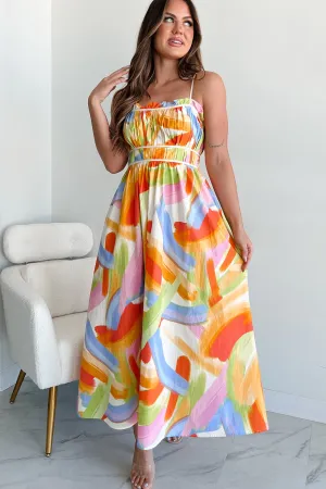 Everyday Comfort Chic Vibes Passionate Response Printed Maxi Dress (White/Blue/Yellow)