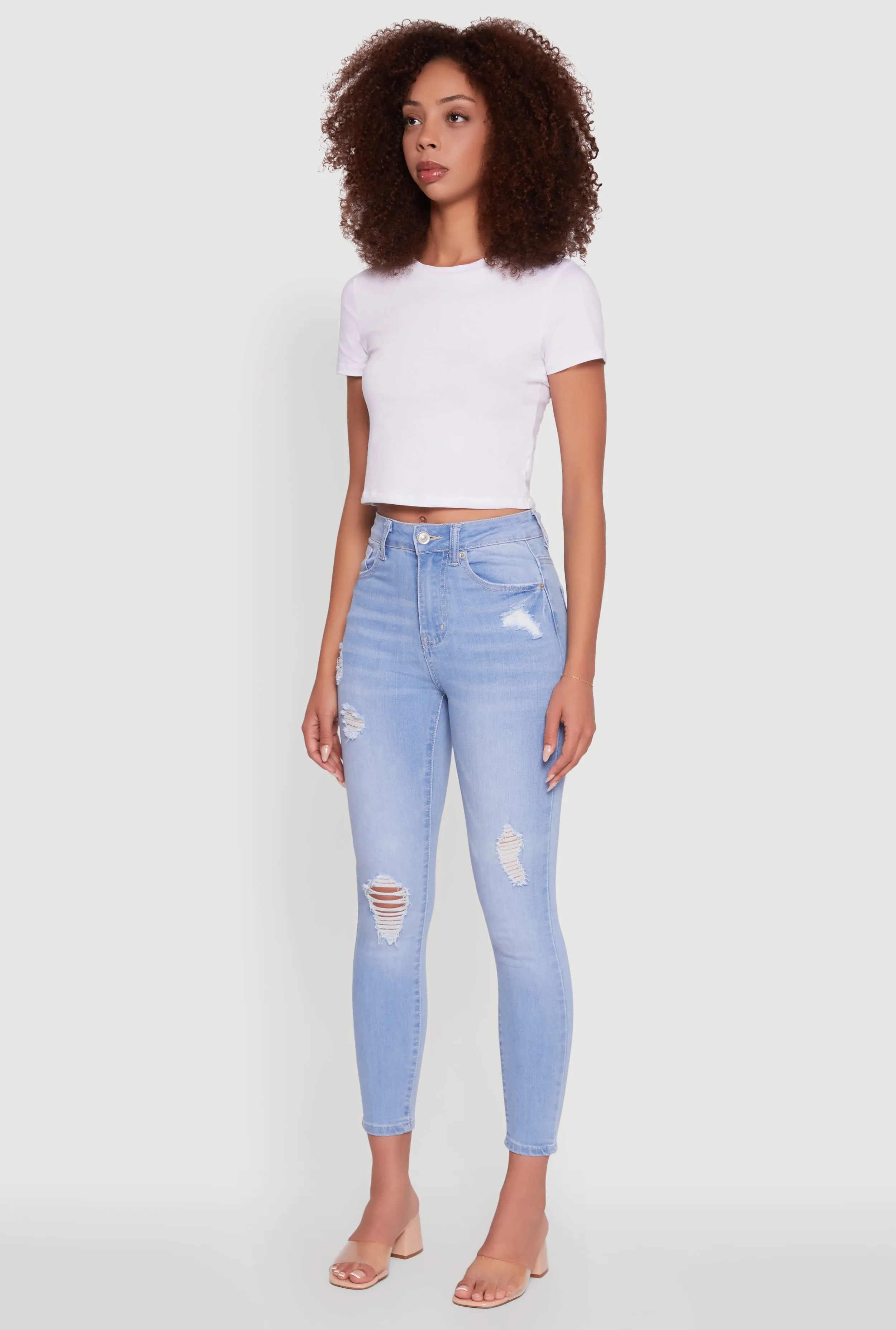 WAX High Waisted Distressed Stretch Skinny Jeans Hidden Rivet Details Cool Texture