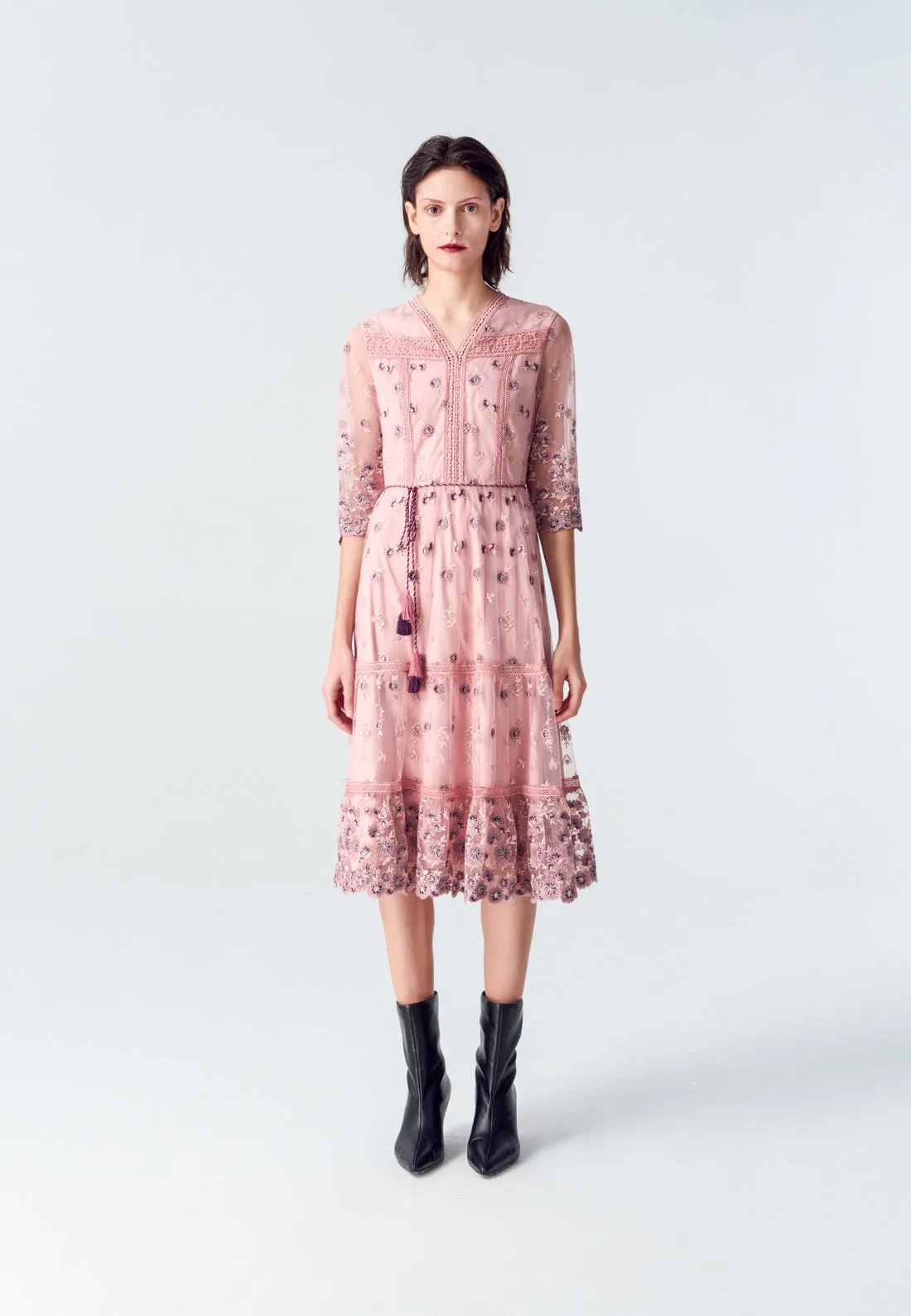 Bohemian Purple V-neck Embroidered Dress Pure Linen Blend casual fun