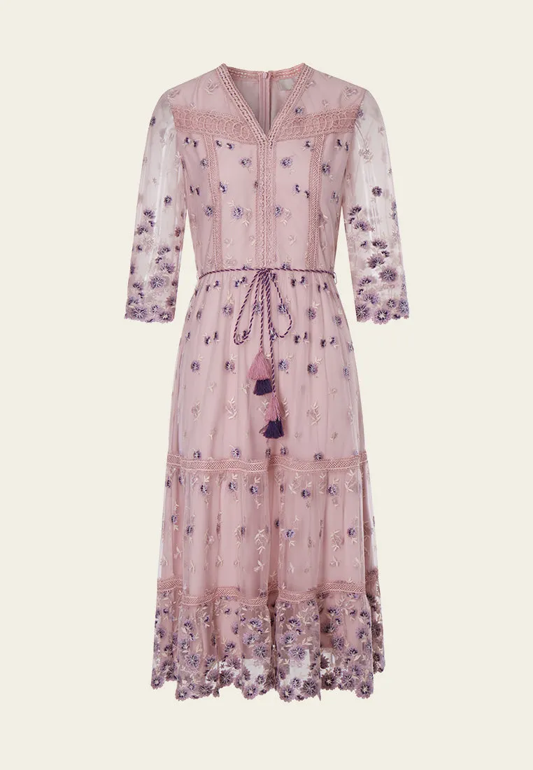 Italian Flair Bohemian Purple V-neck Embroidered Dress