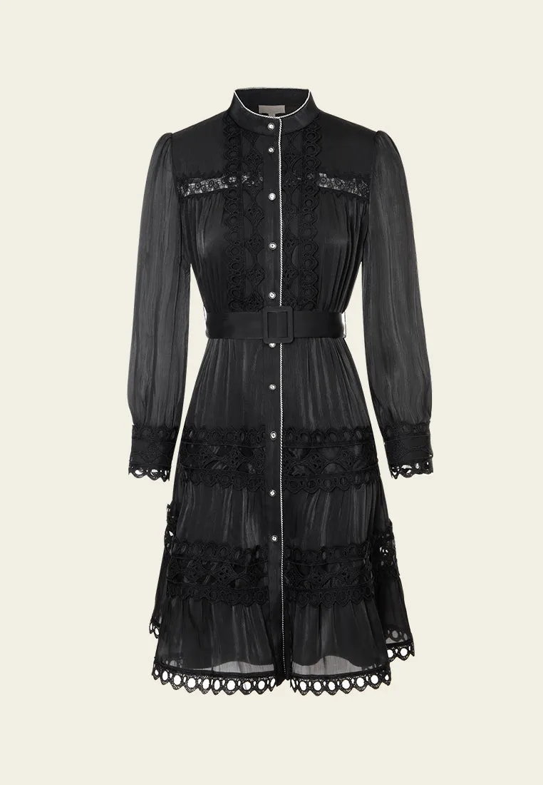 Sky Mood Cut-out Lace-detail Belted Dress