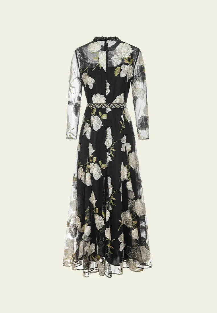 Star Fit Embroidery-detail Tie-belt Embellished Mesh Dress