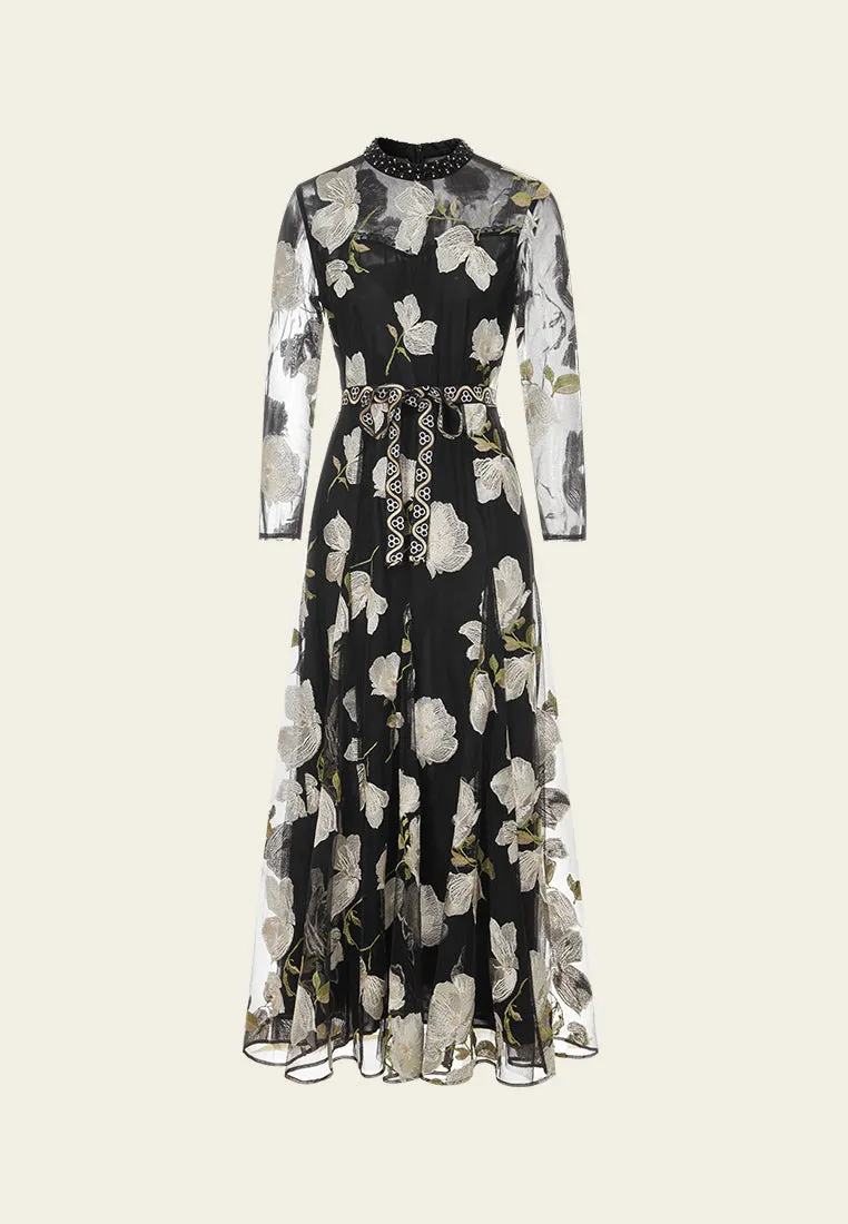 Regal Glow Elegant Glow Embroidery-detail Tie-belt Embellished Mesh Dress