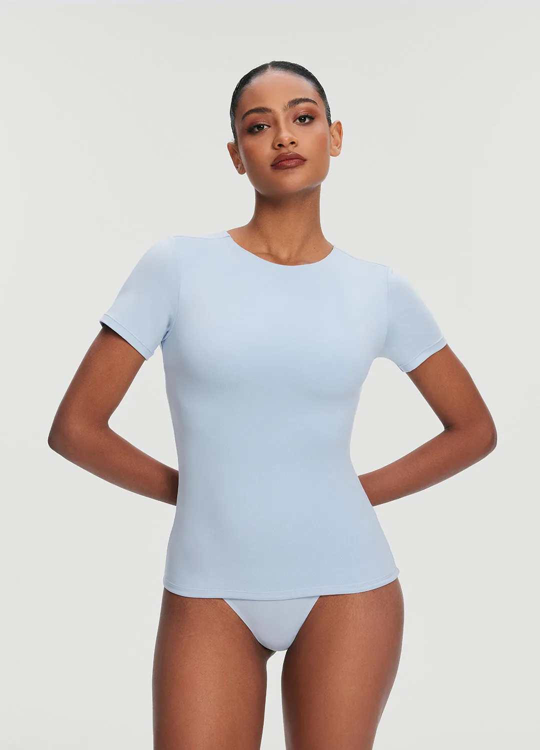 Short Sleeve Crew Neck Top Versatile Fit Stretchable Knit