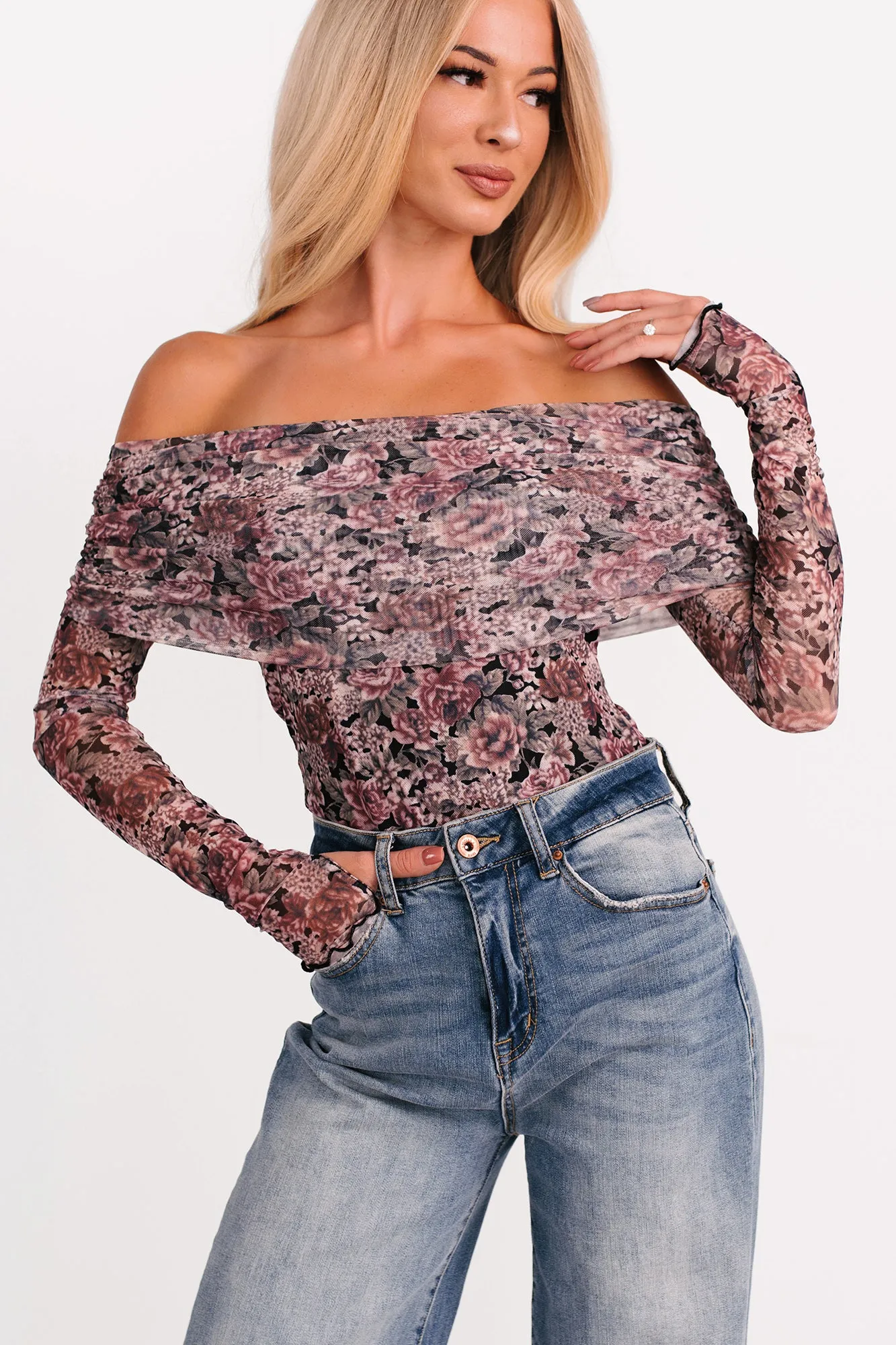 Daisy Fresh Off The Shoulder Floral Bodysuit (Black) Music Yoga