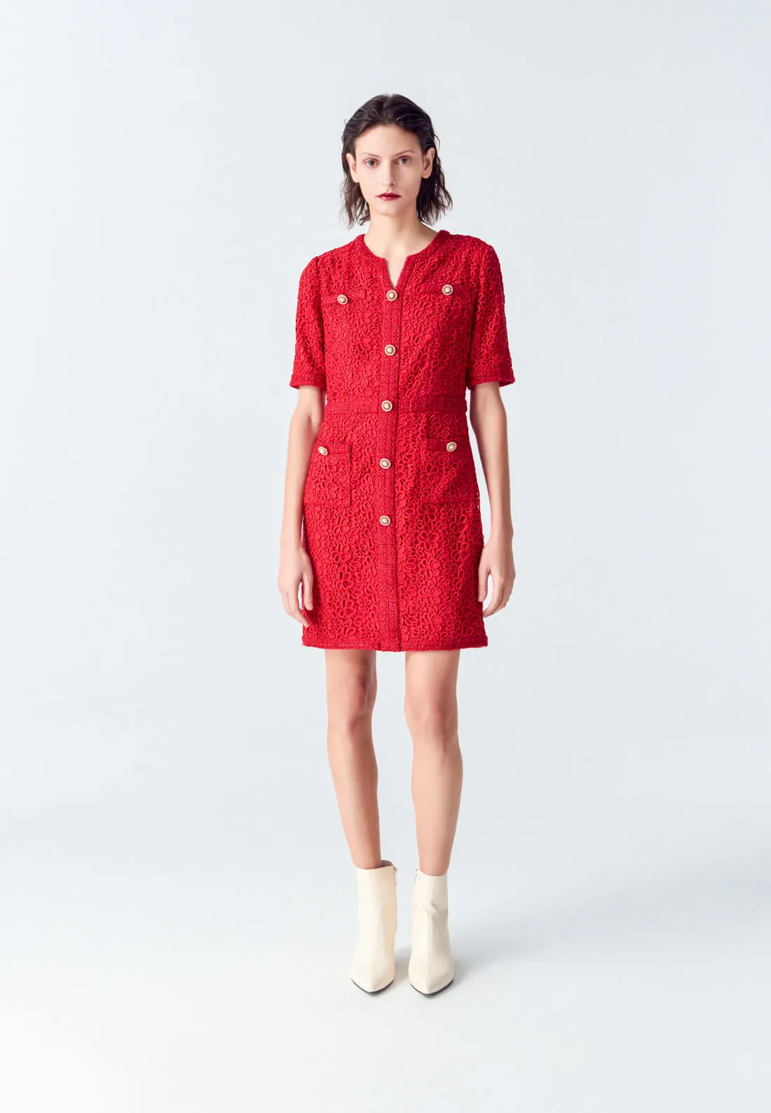 Sheer Glow Red Signature Short-sleeved Lace Tweed Dress